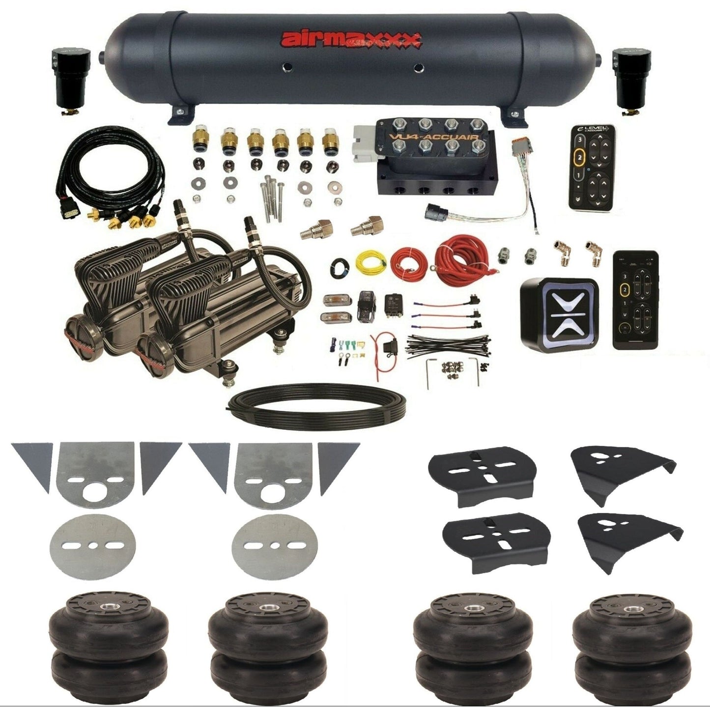 AccuAir e-Level+ Pressure+ preset air ride kit x-series compressors aluminum tank slam bags for import torsion bar pickups KTOR-X2B-57ABK-VU4EPT-WK-HFSS6
