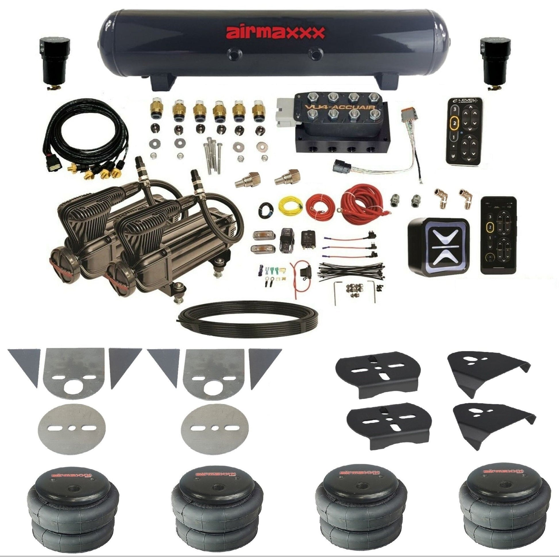 AccuAir e-Level+ Pressure+ preset air ride kit x-series compressors steel tank 2500 bags for import torsion bar pickups KTOR-X2B-57S-VU4EPT-WK-HF