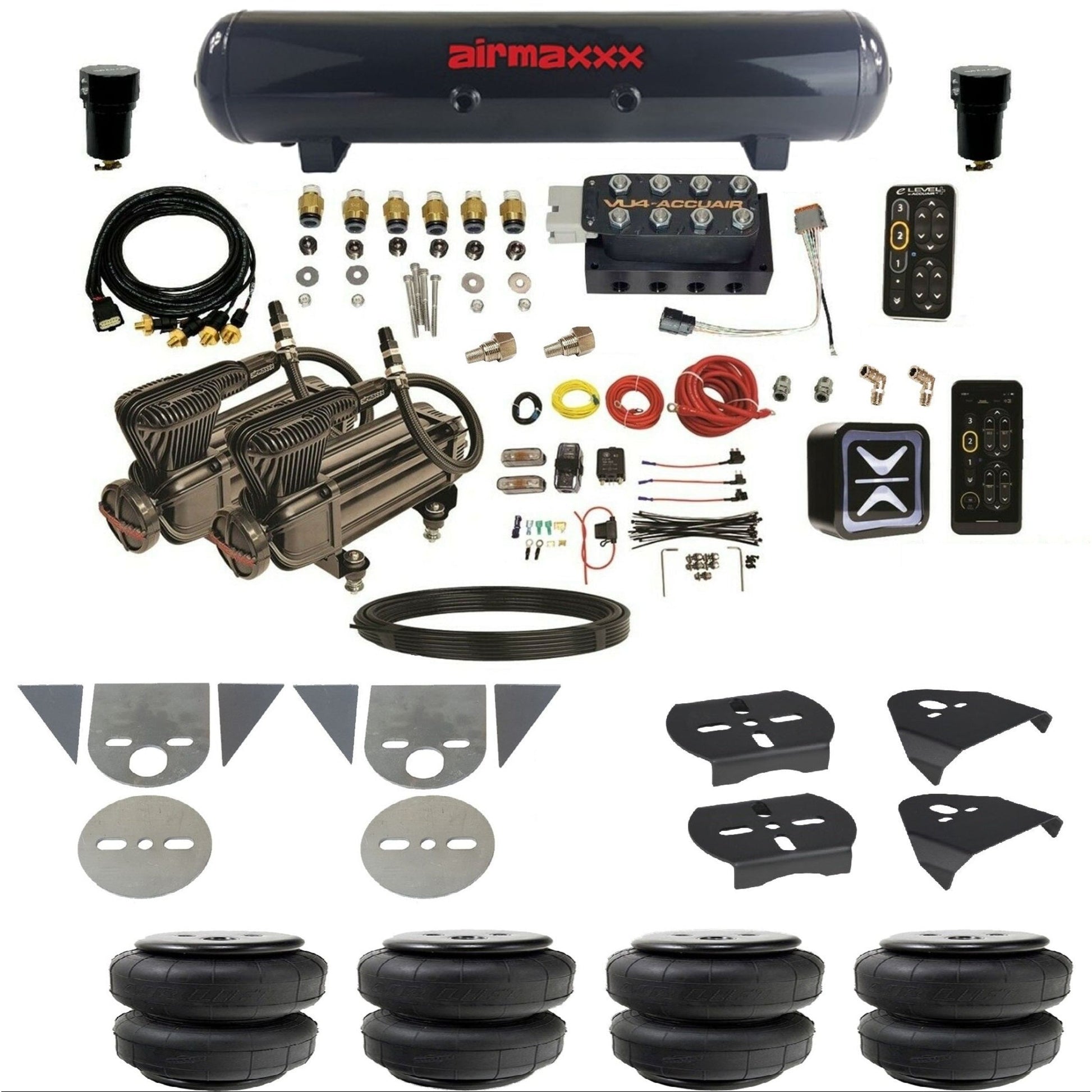 AccuAir e-Level+ Pressure+ preset air ride kit x-series compressors steel tank airlift bags for import torsion bar pickups KTOR-X2B-57S-VU4EPT-WK-HFD25
