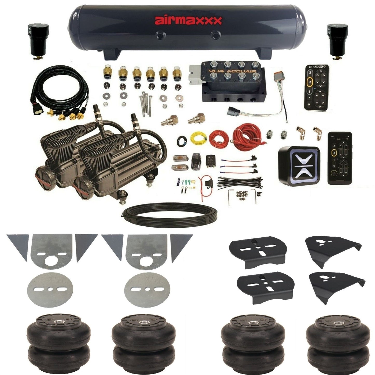 AccuAir e-Level+ Pressure+ preset air ride kit x-series compressors steel tank slam bags for import torsion bar pickups KTOR-X2B-57S-VU4EPT-WK-HFSS6