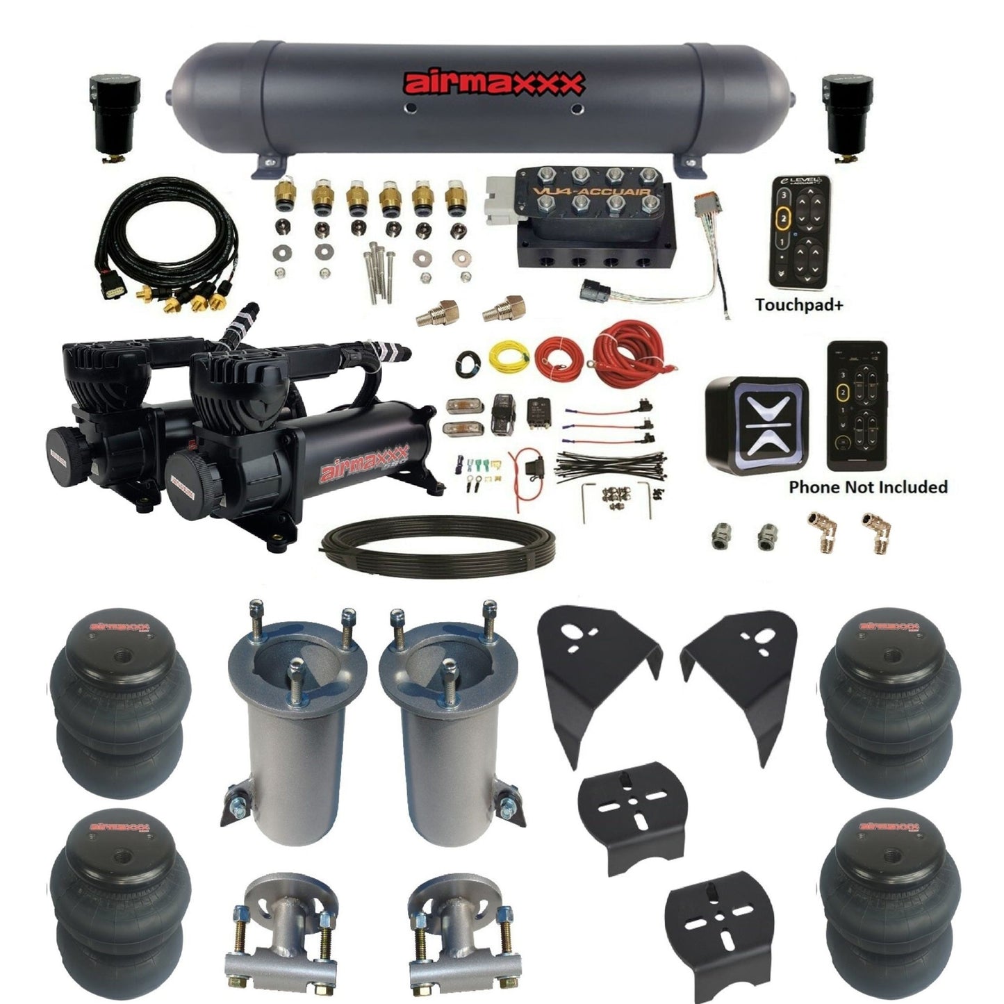 AccuAir e-Level+ VU4 air management kit with airmaxxx 580 black compressors aluminum tank & 2600 bags KGM07-580B2-57ABK-VU4EPT-WK-HF