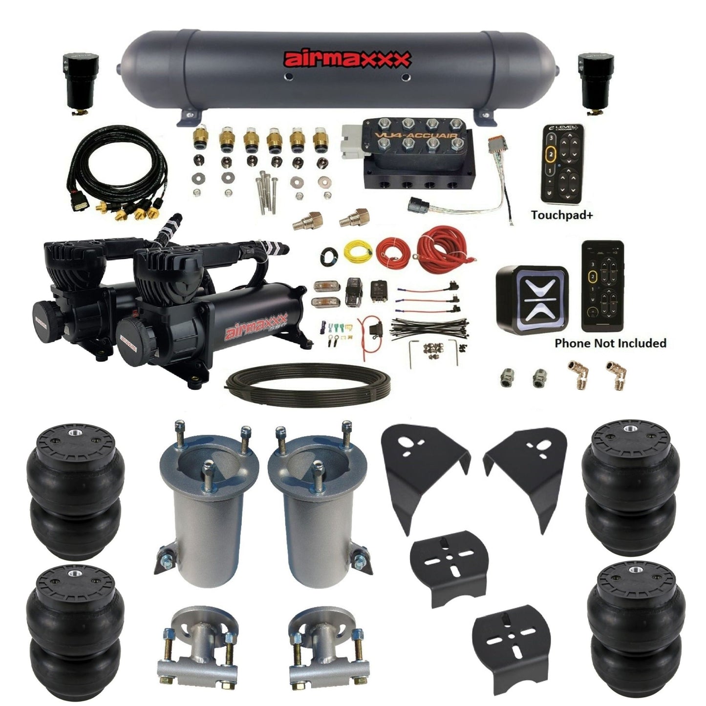 AccuAir e-Level+ VU4 air management kit with airmaxxx 580 black compressors aluminum tank & slam bags KGM07-580B2-57ABK-VU4EPT-WK-HFSS7