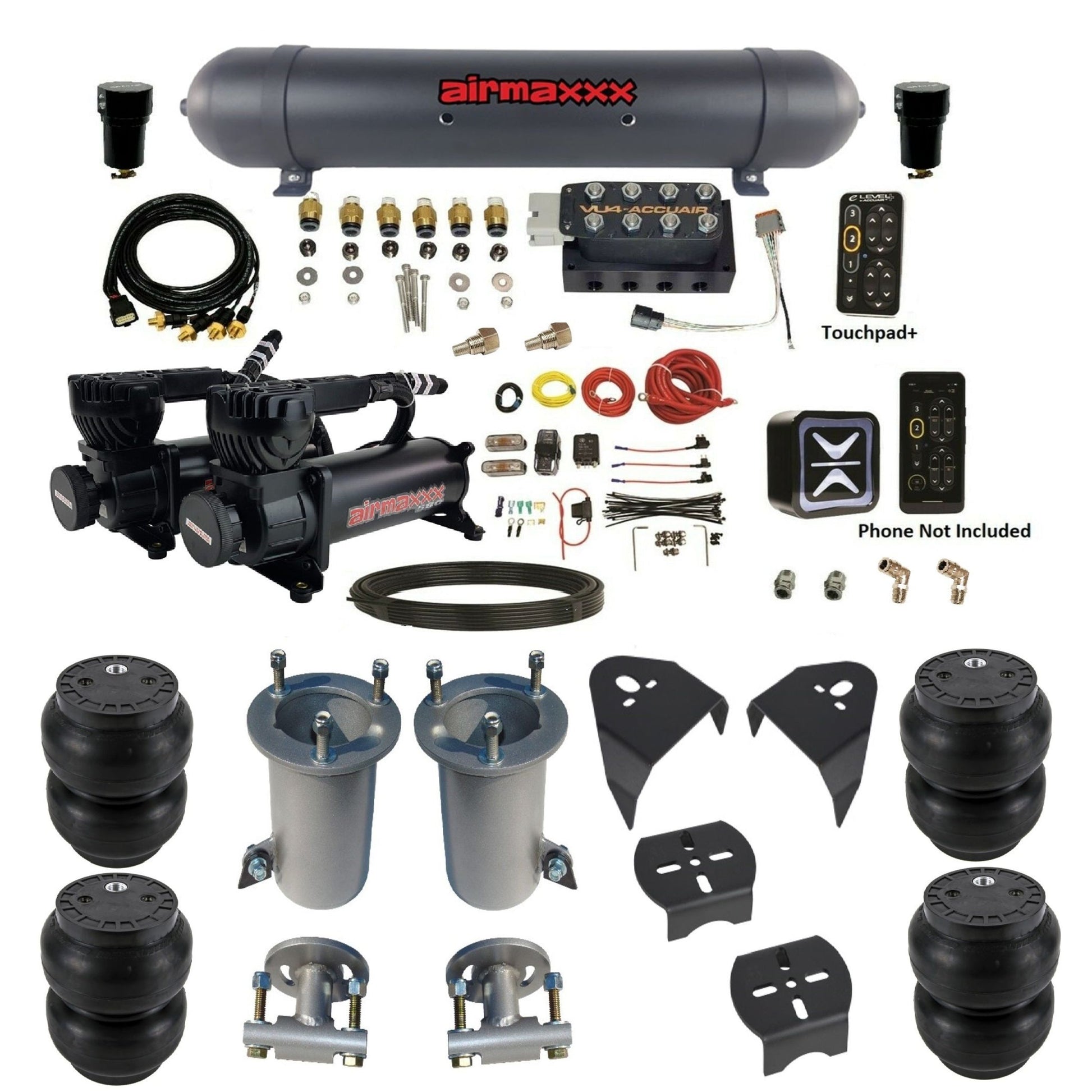 AccuAir e-Level+ VU4 air management kit with airmaxxx 580 black compressors aluminum tank & slam bags KGM07-580B2-57ABK-VU4EPT-WK-HFSS7