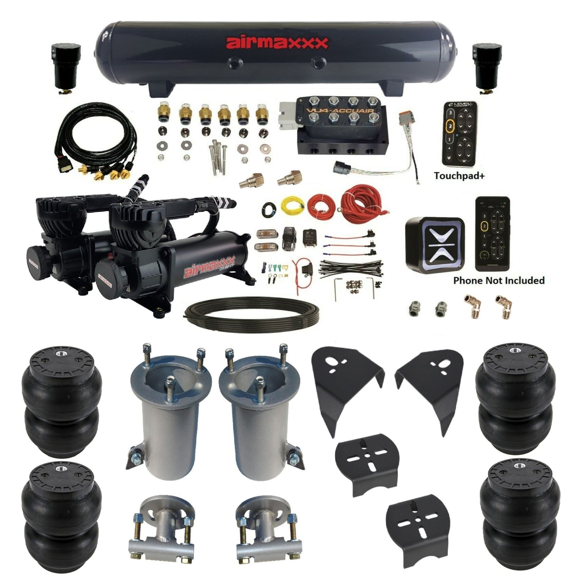 AccuAir e-Level+ VU4 air management kit with airmaxxx 580 black compressors steel tank & slam bags KGM07-580B2-57S-VU4EPT-WK-HFSS7