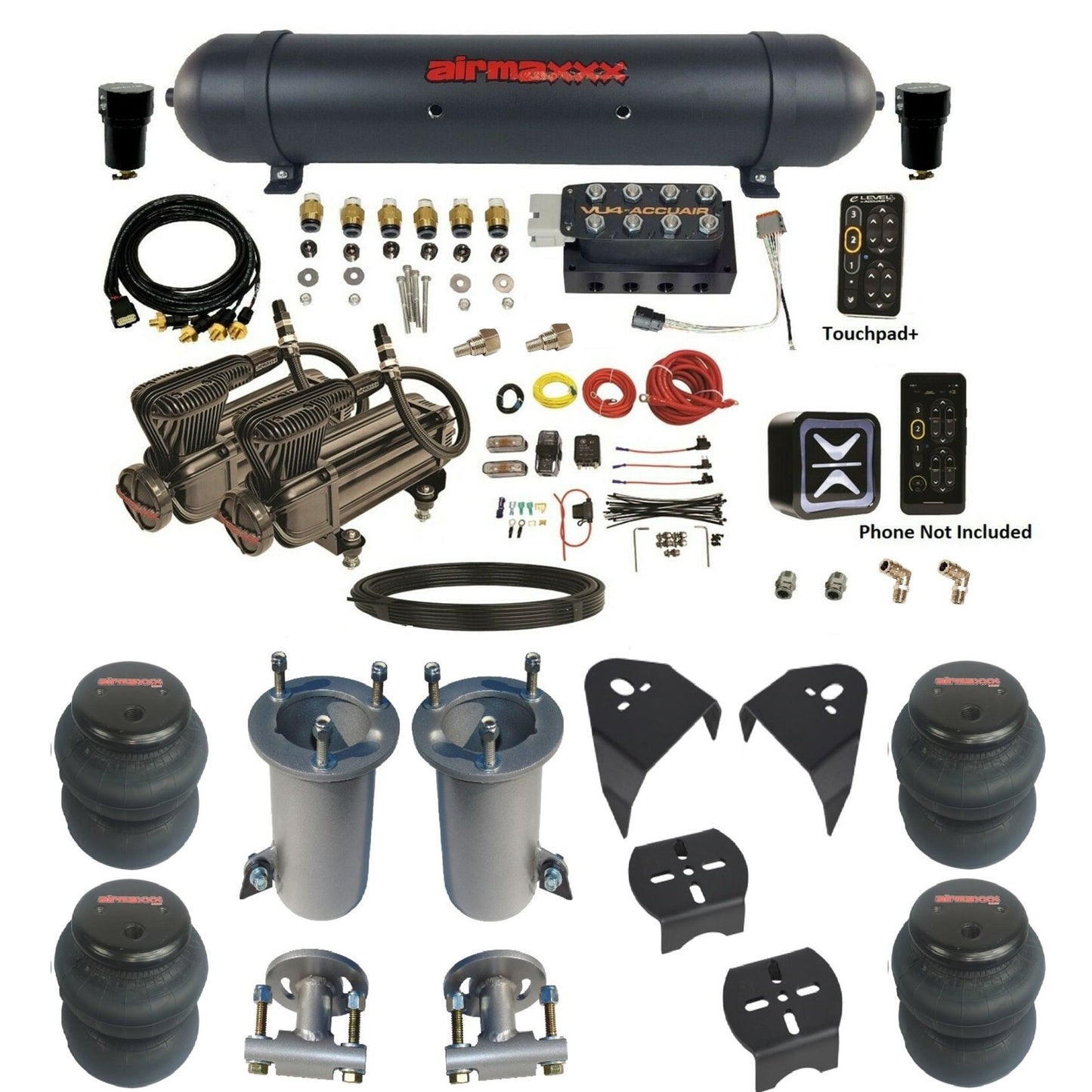 AccuAir e-Level+ VU4 air management kit with airmaxxx x-series compressors aluminum tank & 2600 bags GM07-X2B-57ABK-VU4EPT-WK-HF