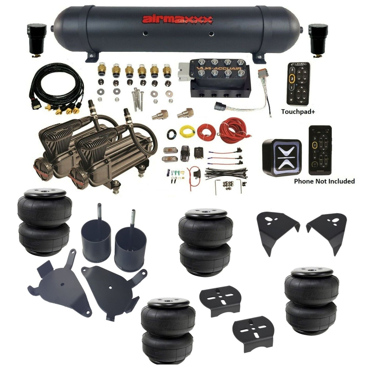 AccuAir e-Level+ VU4 air management kit with airmaxxx x-series compressors aluminum tank & airlift bags air ride kit for 1982–2005 S10/S15/Sonoma KS10-X2B-57ABK-VU4EPT-WK-HFD25