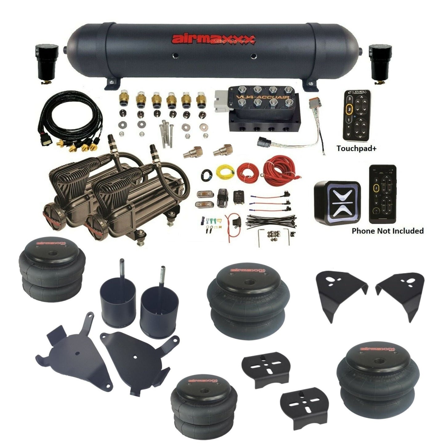 AccuAir e-Level+ VU4 air management kit with airmaxxx x-series compressors aluminum tank & bags air ride kit for 1982–2005 S10/S15/Sonoma KS10-X2B-57ABK-VU4EPT-WK-HF