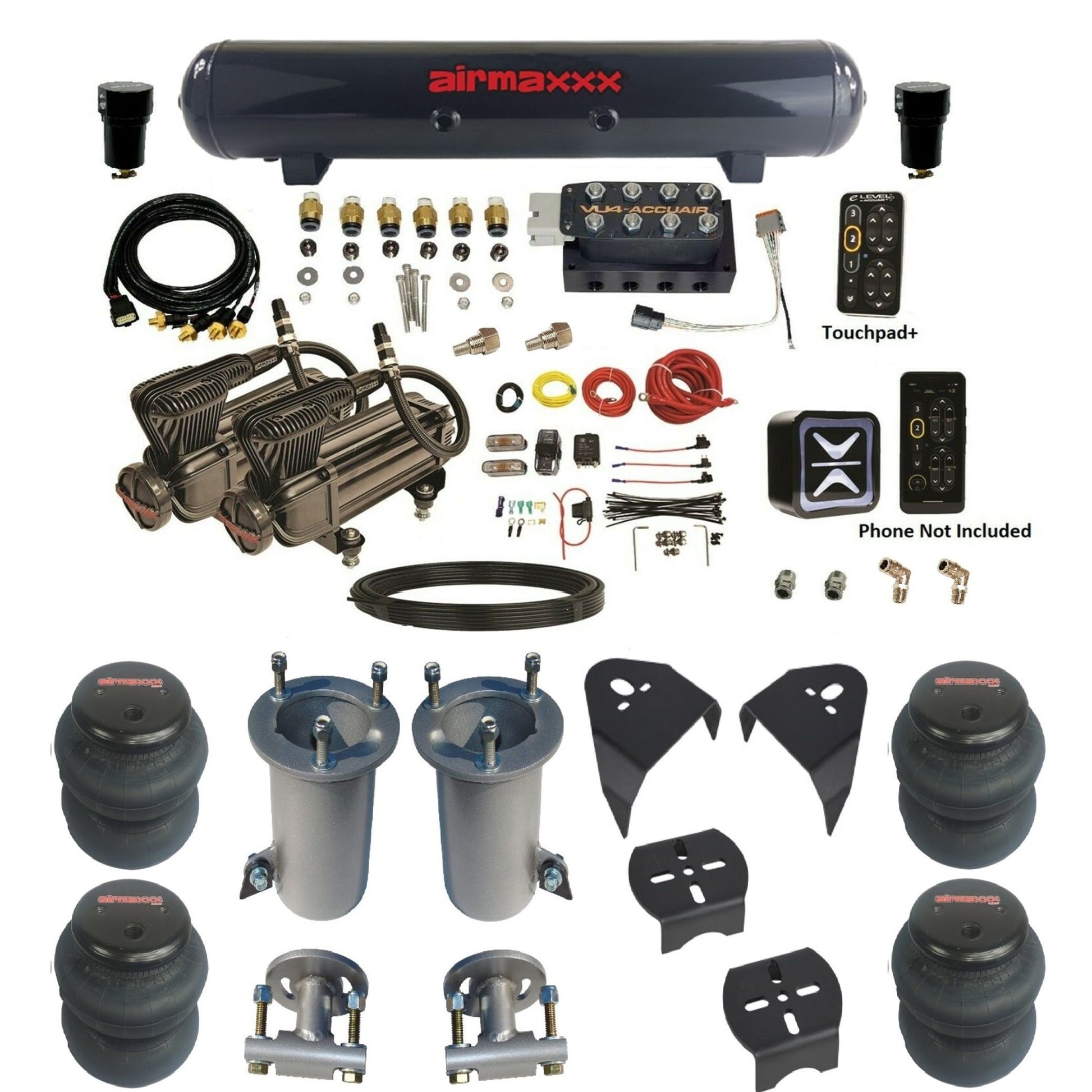 AccuAir e-Level+ VU4 air management kit with airmaxxx x-series compressors steel tank & 2600 bags KGM07-X2B-57S-VU4EPT-WK-HF