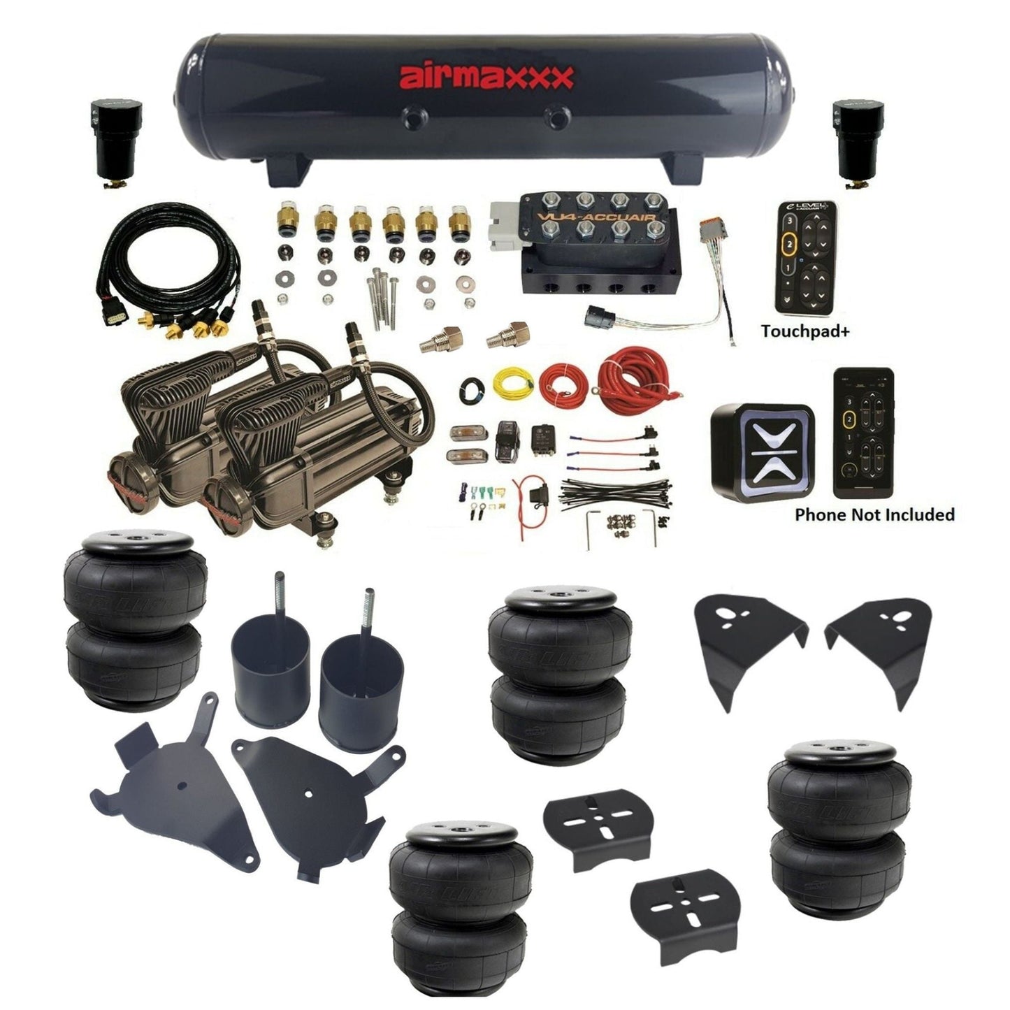 AccuAir e-Level+ VU4 air management kit with airmaxxx x-series compressors steel tank & airlift bags air ride kit for 1982–2005 S10/S15/Sonoma KS10-X2B-57S-VU4EPT-WK-HFD25