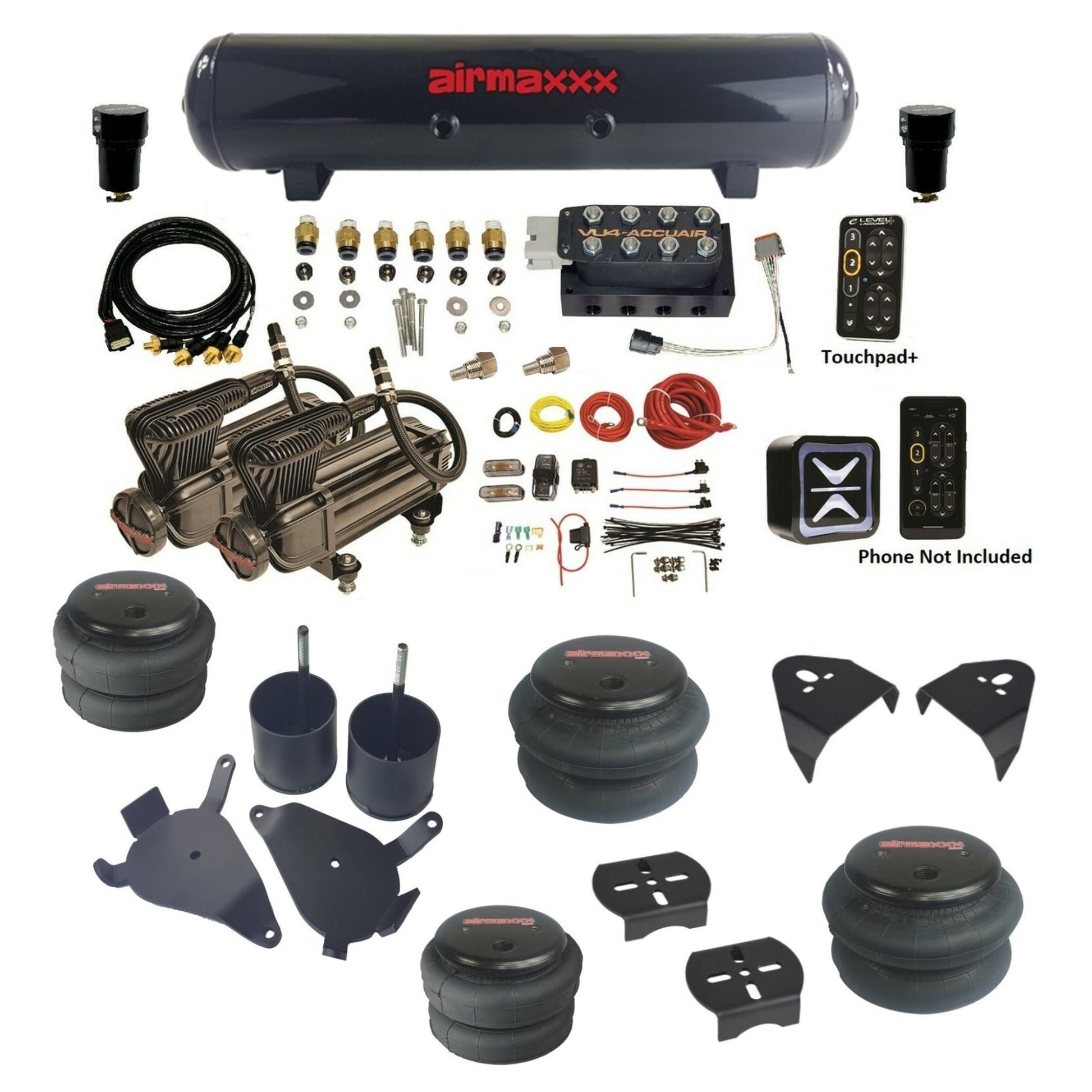 AccuAir e-Level+ VU4 air management kit with airmaxxx x-series compressors steel tank & bags air ride kit for 1982–2005 S10/S15/Sonoma KS10-X2B-57S-VU4EPT-WK-HF