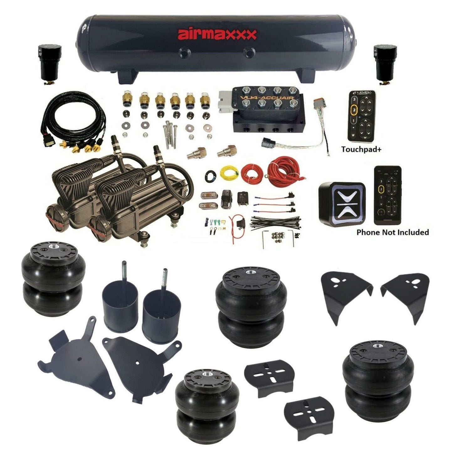 AccuAir e-Level+ VU4 air management kit with airmaxxx x-series compressors steel tank & slam bags air ride kit for 1982–2005 S10/S15/Sonoma KS10-X2B-57S-VU4EPT-WK-HFSS6SS7