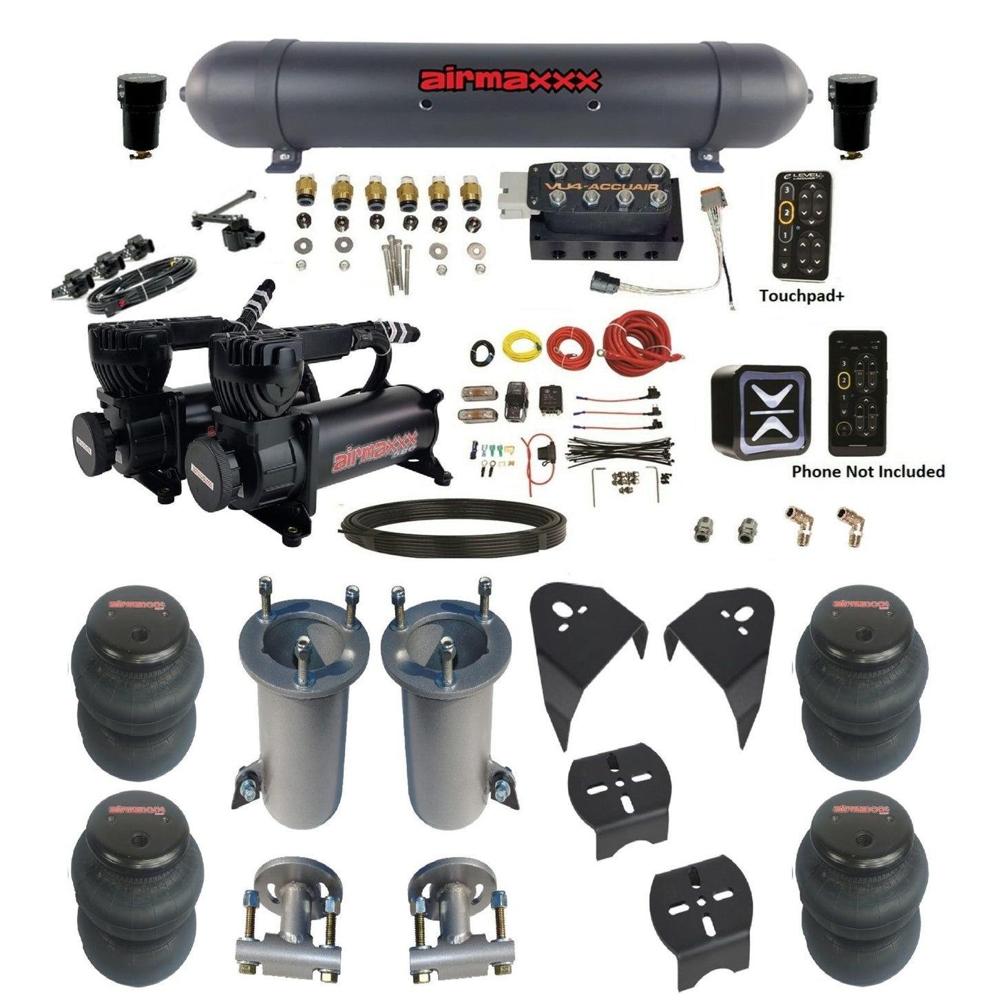 AccuAir e-Level+ VU4 dual 580 black compressors aluminum tank 2600 bags air ride kit for 2007–18 Silverado/Sierra KGM07-580B2-57ABK-VU4EHT-WK-HF