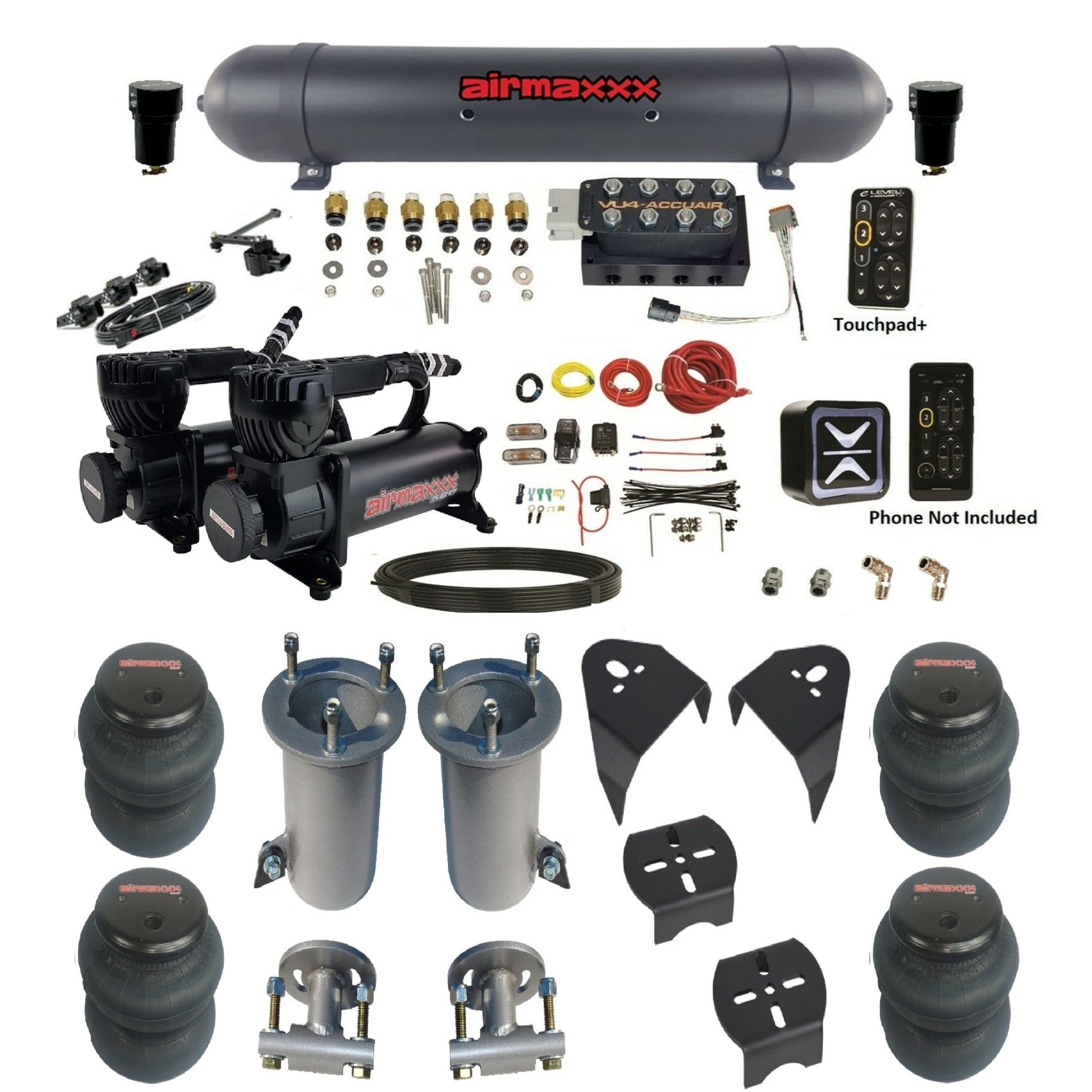 AccuAir e-Level+ VU4 dual 580 black compressors aluminum tank 2600 bags air ride kit for 2007–18 Silverado/Sierra KGM07-580B2-57ABK-VU4EHT-WK-HF