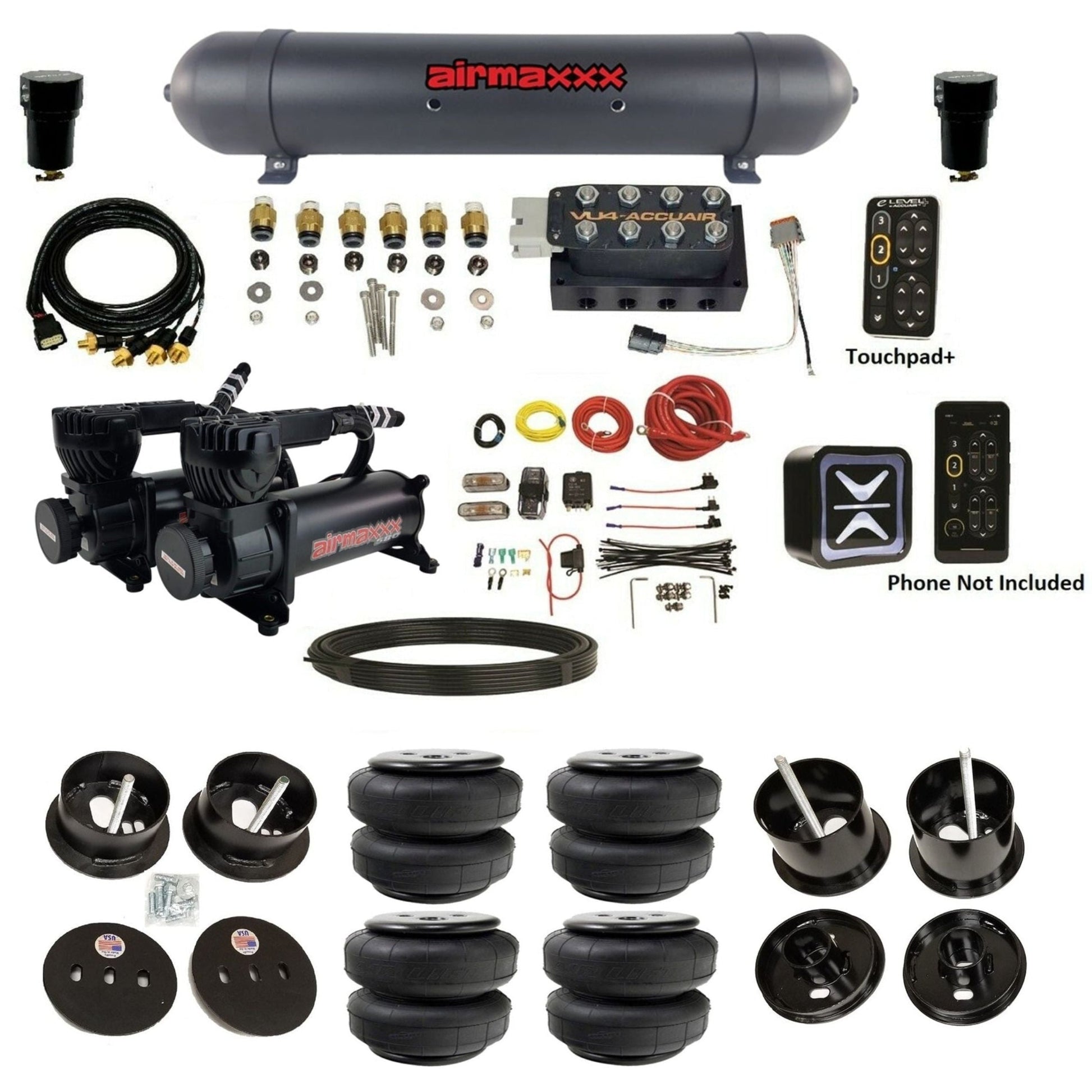 AccuAir e-Level+ VU4 dual 580 black compressors aluminum tank airlift bags air ride kit for 1961–1962 Cadillac K-CAD6162-580B2-57ABK-VU4-E_PTD25