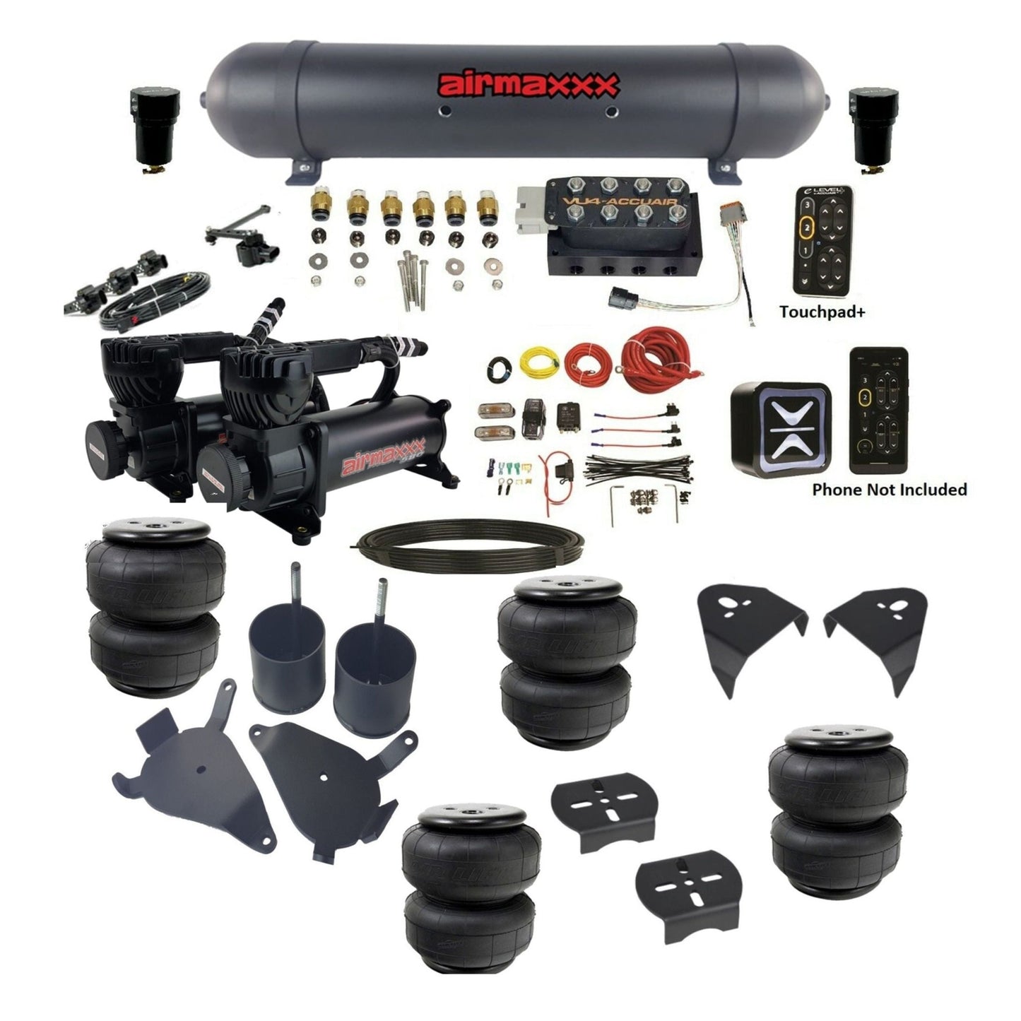 AccuAir e-Level+ VU4 dual 580 black compressors aluminum tank airlift bags air ride kit for 1982–2005 S10/S15/Sonoma KS10-580B2-57ABK-VU4EHT-WK-HFD25