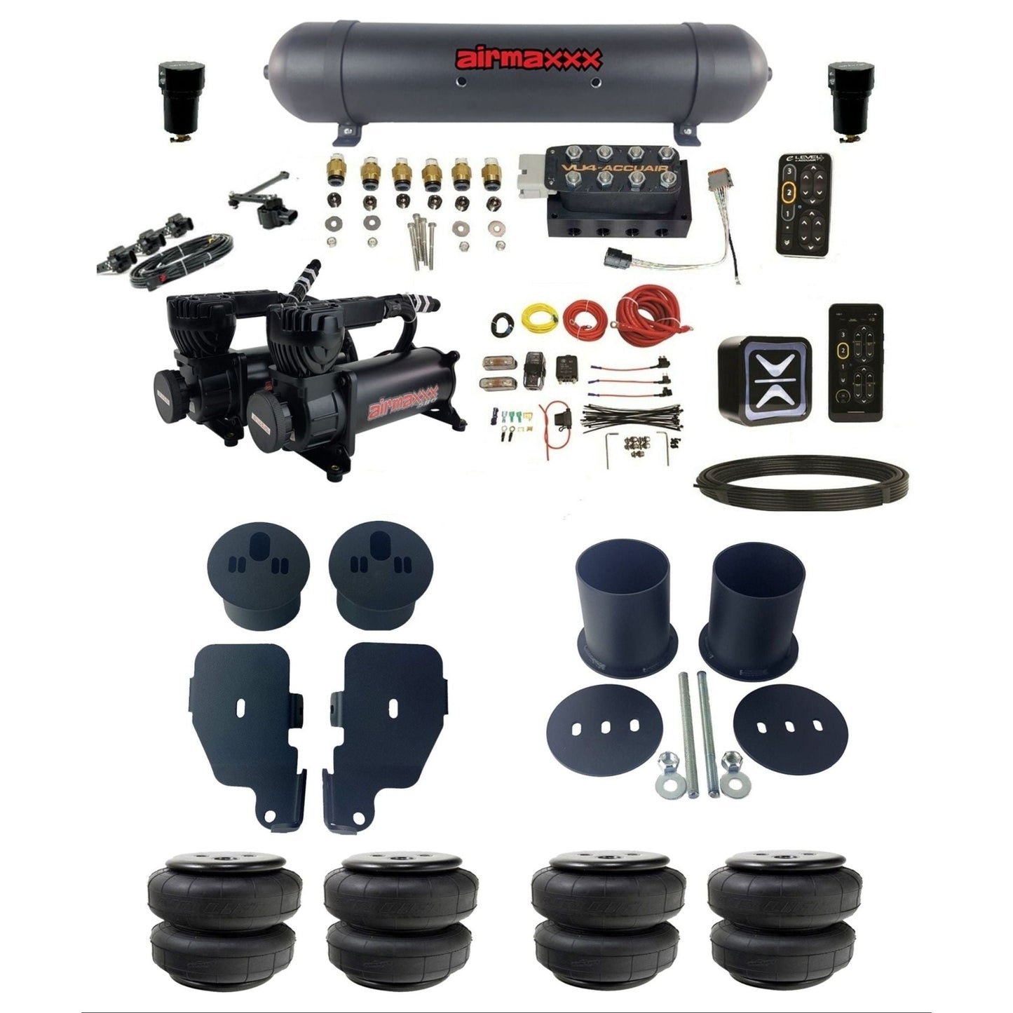 AccuAir e-Level+ VU4 dual 580 black compressors aluminum tank & airlift bags air suspension kit for 1965–70 Impala KIMP65-580B2-57ABK-VU4EHT-WK-HFD25