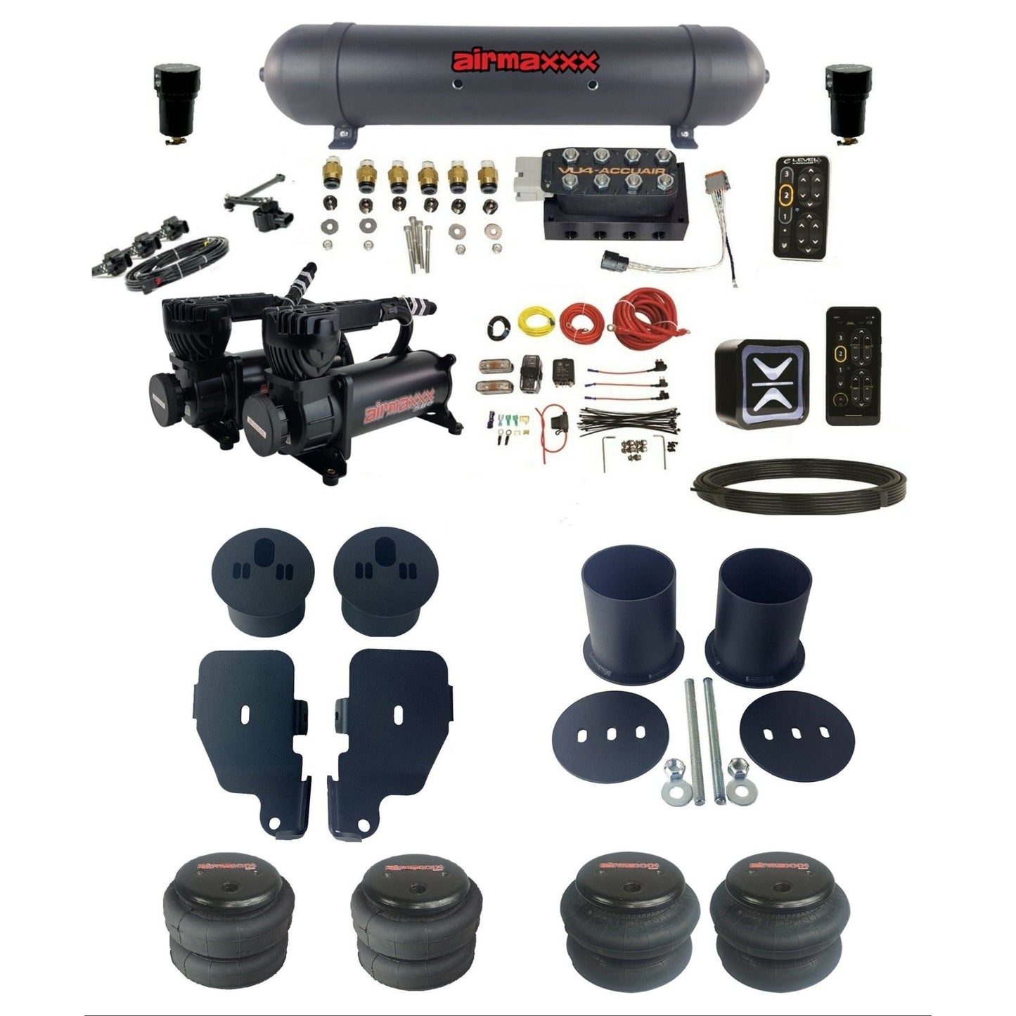AccuAir e-Level+ VU4 dual 580 black compressors aluminum tank & bags air suspension kit for 1965–70 Impala KIMP65-580B2-57ABK-VU4EHT-WK-HF