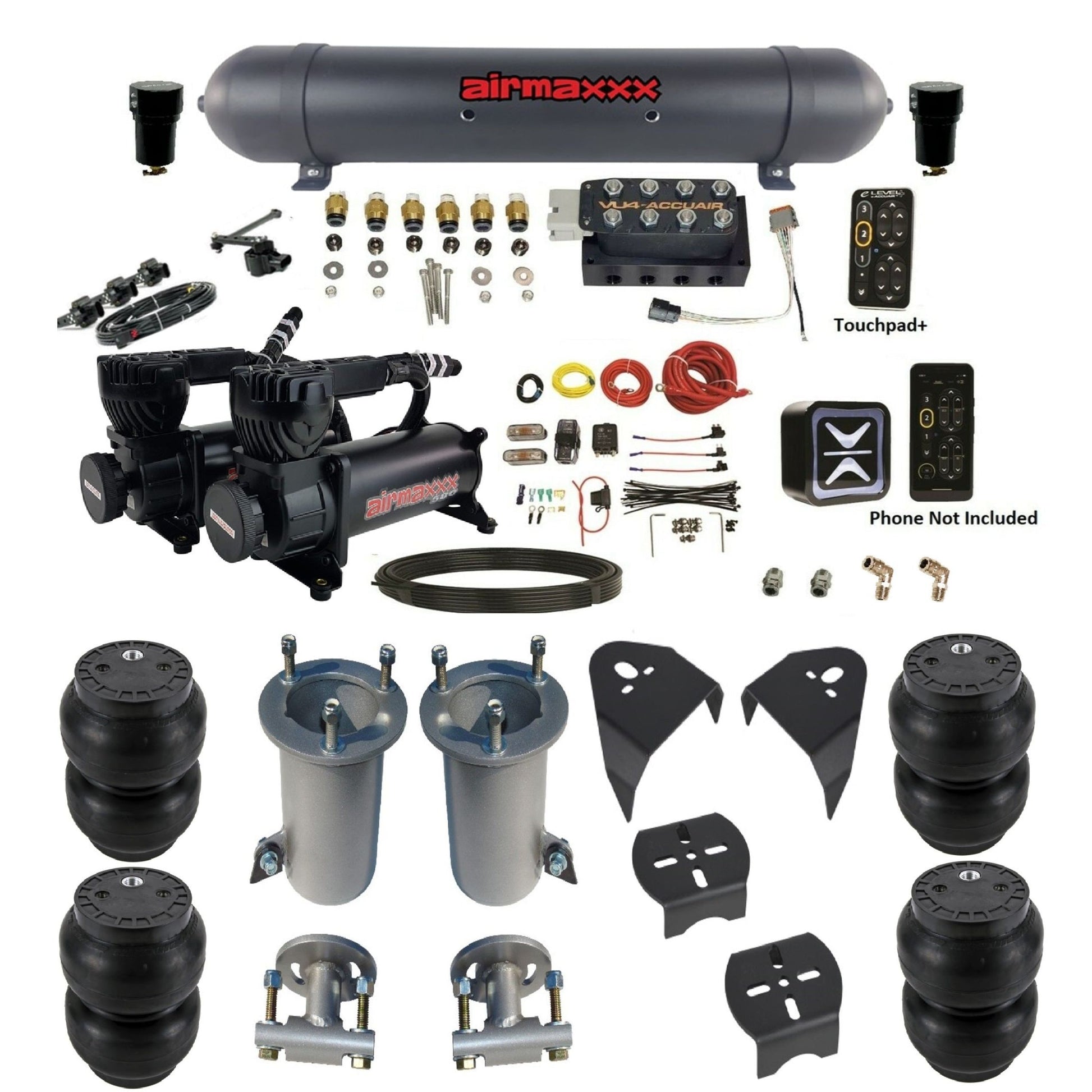 AccuAir e-Level+ VU4 dual 580 black compressors aluminum tank slam bags air ride kit for 2007–18 Silverado/Sierra KGM07-580B2-57ABK-VU4EHT-WK-HFSS7
