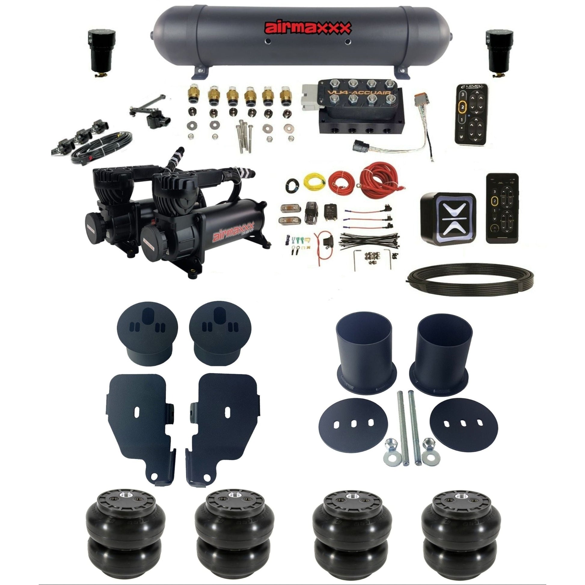 AccuAir e-Level+ VU4 dual 580 black compressors aluminum tank & slam bags air suspension kit for 1965–70 Impala KIMP65-580B2-57ABK-VU4EHT-WK-HFSS6