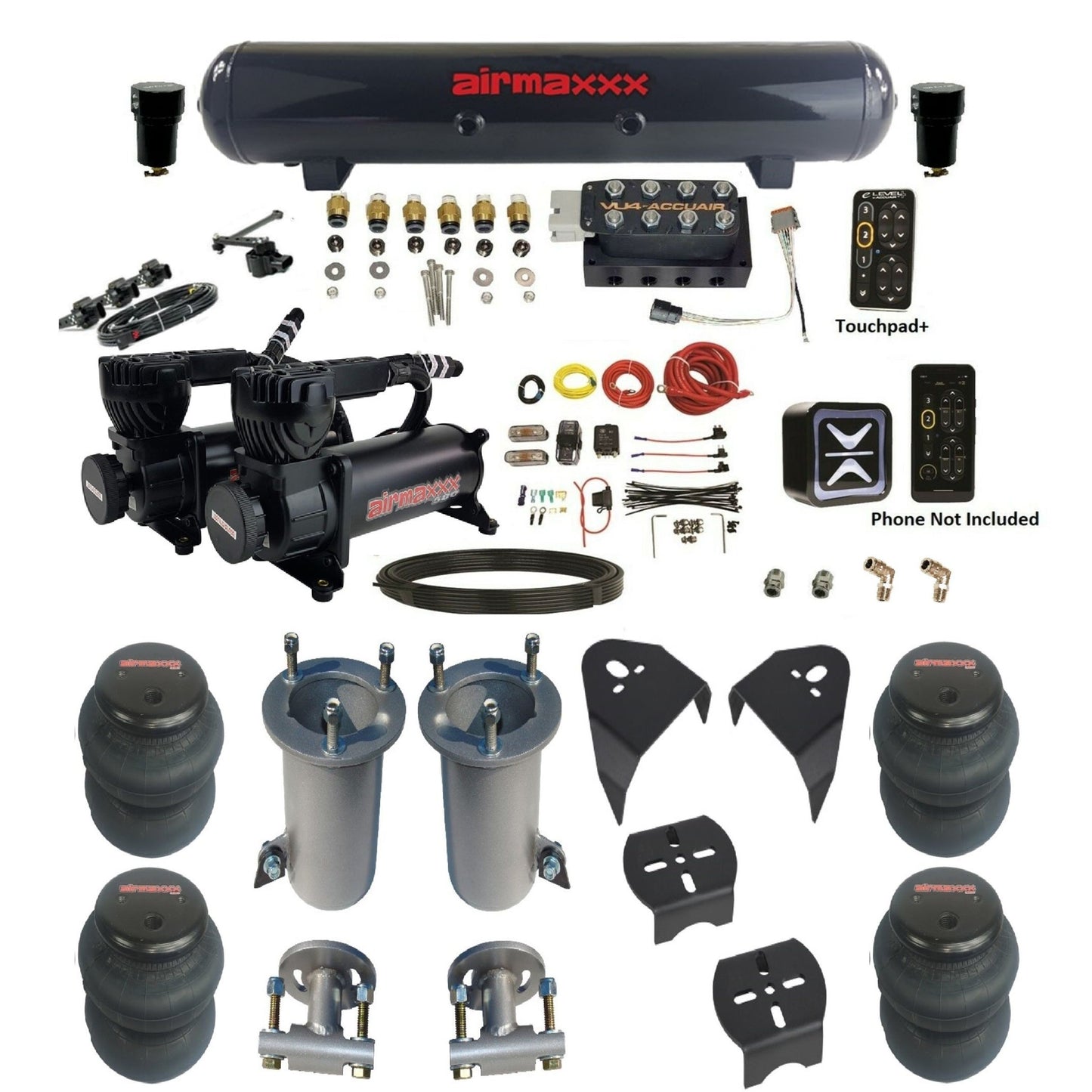 AccuAir e-Level+ VU4 dual 580 black compressors steel tank 2600 bags air ride kit for 2007–18 Silverado/Sierra KGM07-580B2-57S-VU4EHT-WK-HF