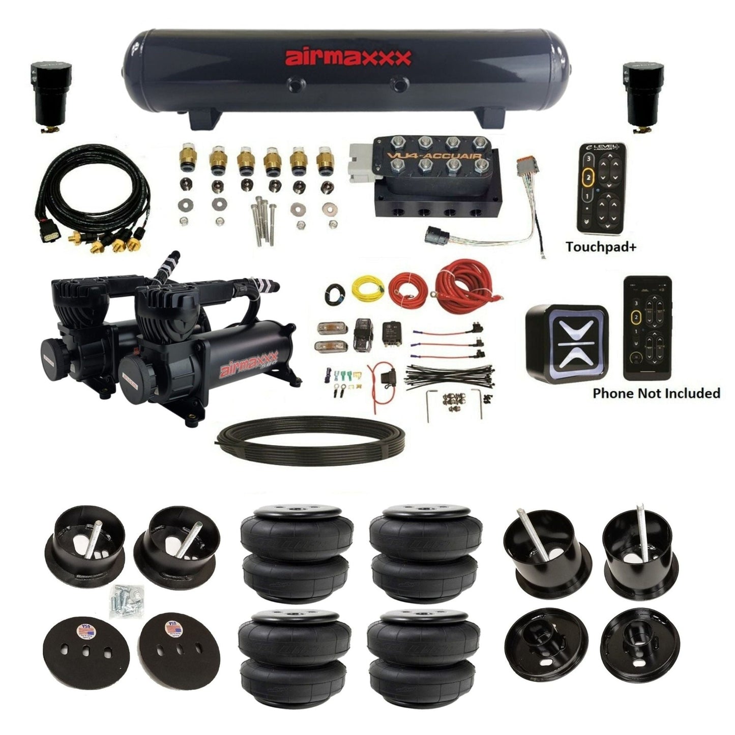 AccuAir e-Level+ VU4 dual 580 black compressors steel tank airlift bags air ride kit for 1961–1962 Cadillac K-CAD6162-580B2-57S-VU4-E_PTD25