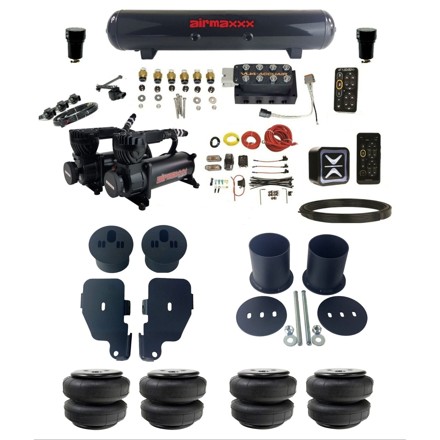 AccuAir e-Level+ VU4 dual 580 black compressors steel tank & airlift bags air suspension kit for 1965–70 Impala KIMP65-580B2-57S-VU4EHT-WK-HFD25