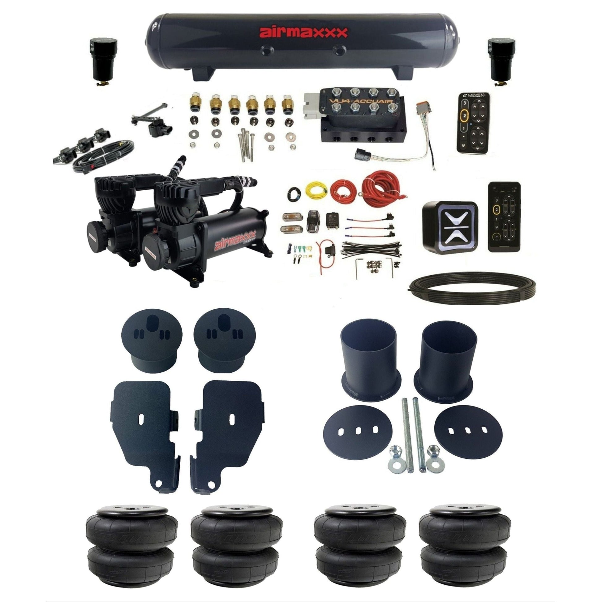 AccuAir e-Level+ VU4 dual 580 black compressors steel tank & airlift bags air suspension kit for 1965–70 Impala KIMP65-580B2-57S-VU4EHT-WK-HFD25