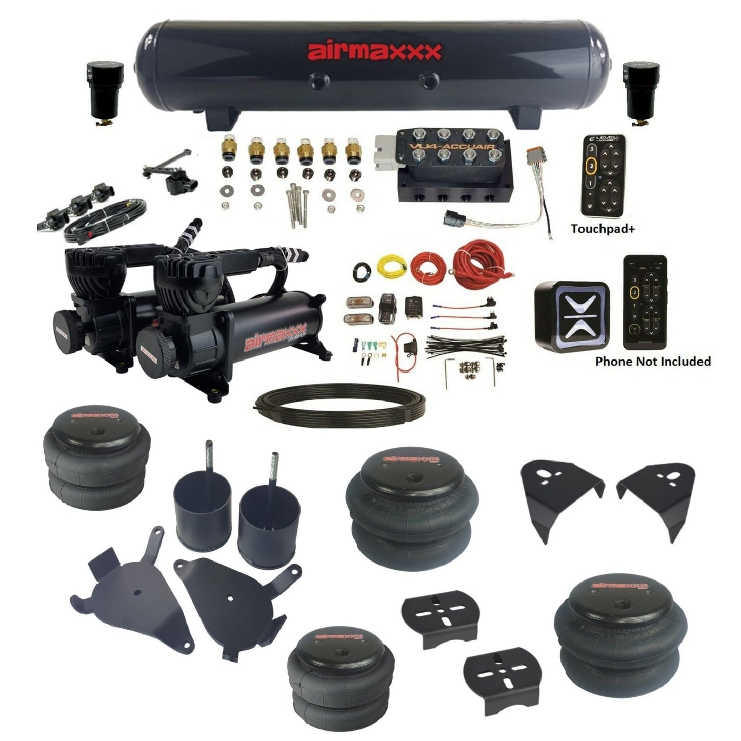 AccuAir e-Level+ VU4 dual 580 black compressors steel tank bags air ride kit for 1982–2005 S10/S15/Sonoma KS10-580B2-57S-VU4EHT-WK-HF