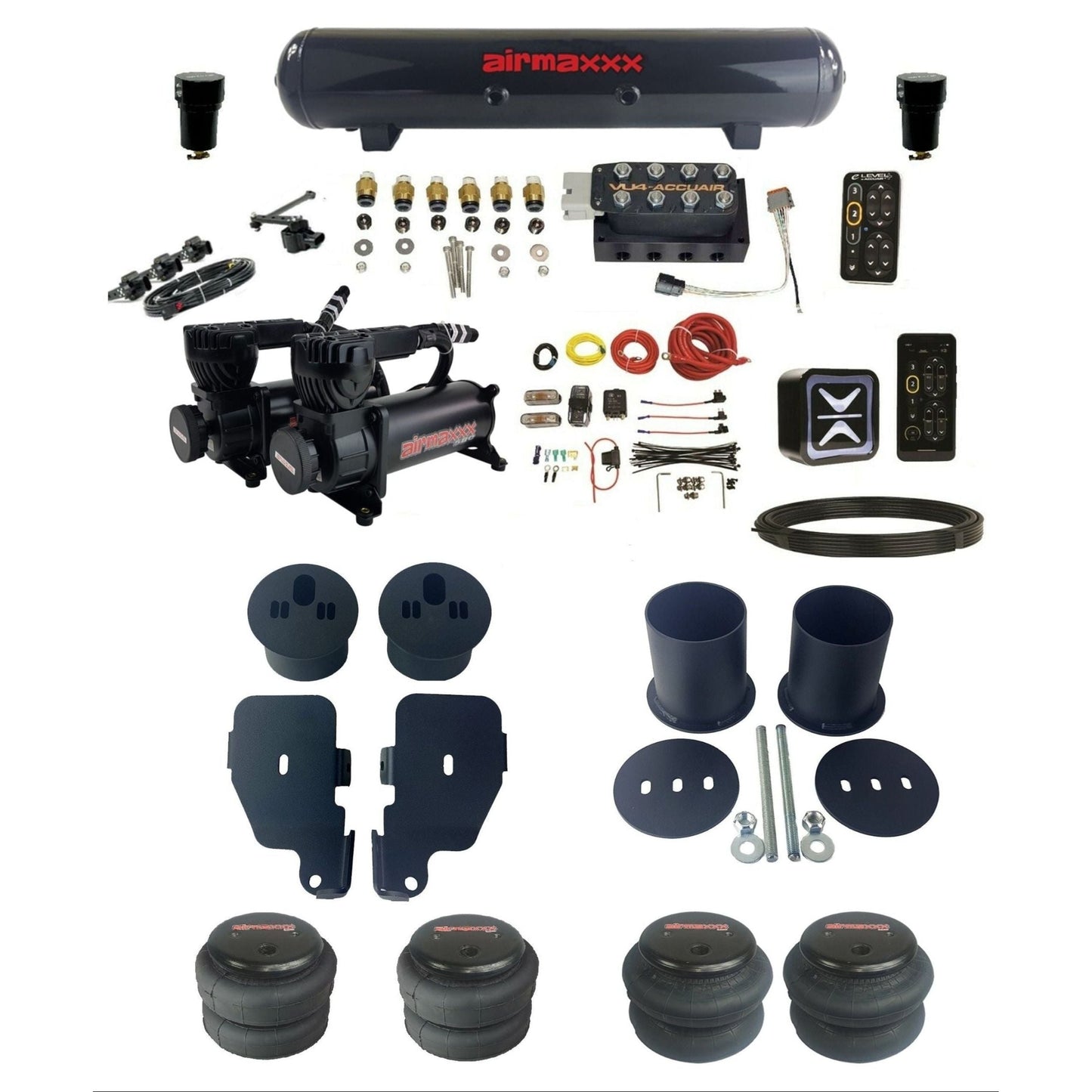 AccuAir e-Level+ VU4 dual 580 black compressors steel tank & bags air suspension kit for 1965–70 Impala KIMP65-580B2-57S-VU4EHT-WK-HF