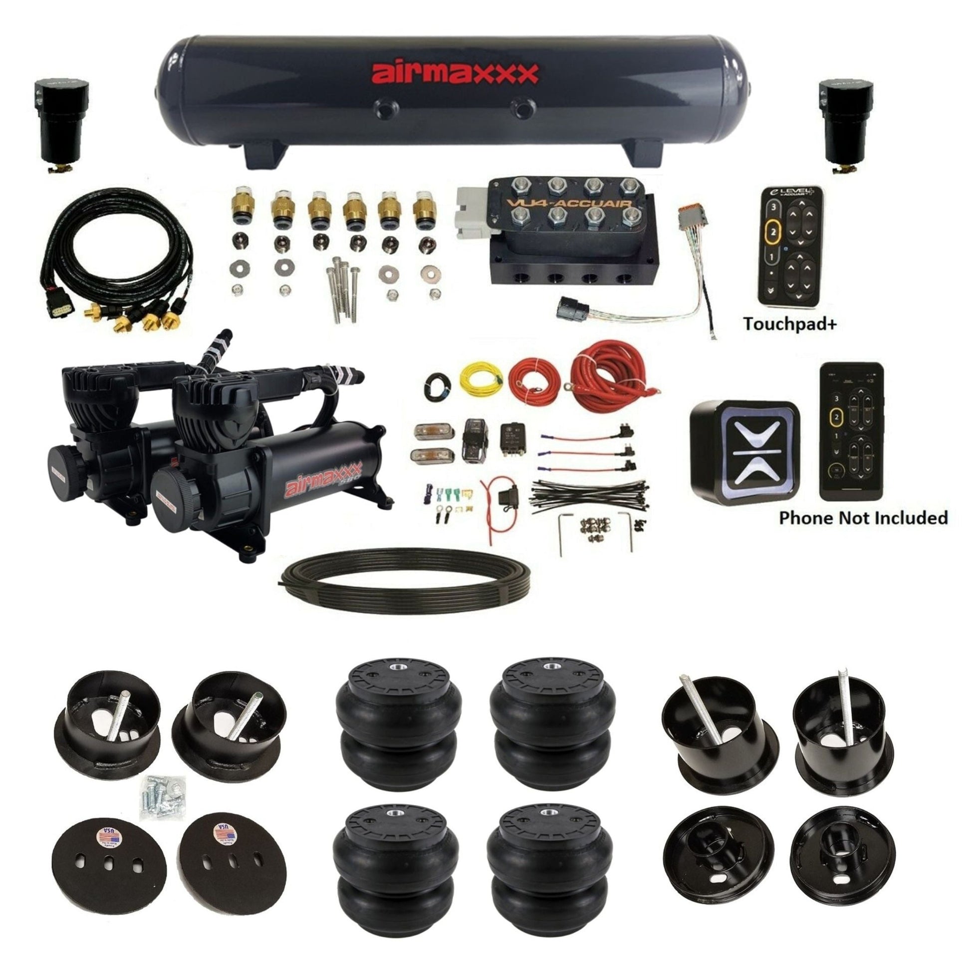 AccuAir e-Level+ VU4 dual 580 black compressors steel tank slam bags air ride kit for 1961–1962 Cadillac K-CAD6162-580B2-57S-VU4-E_PTSS7