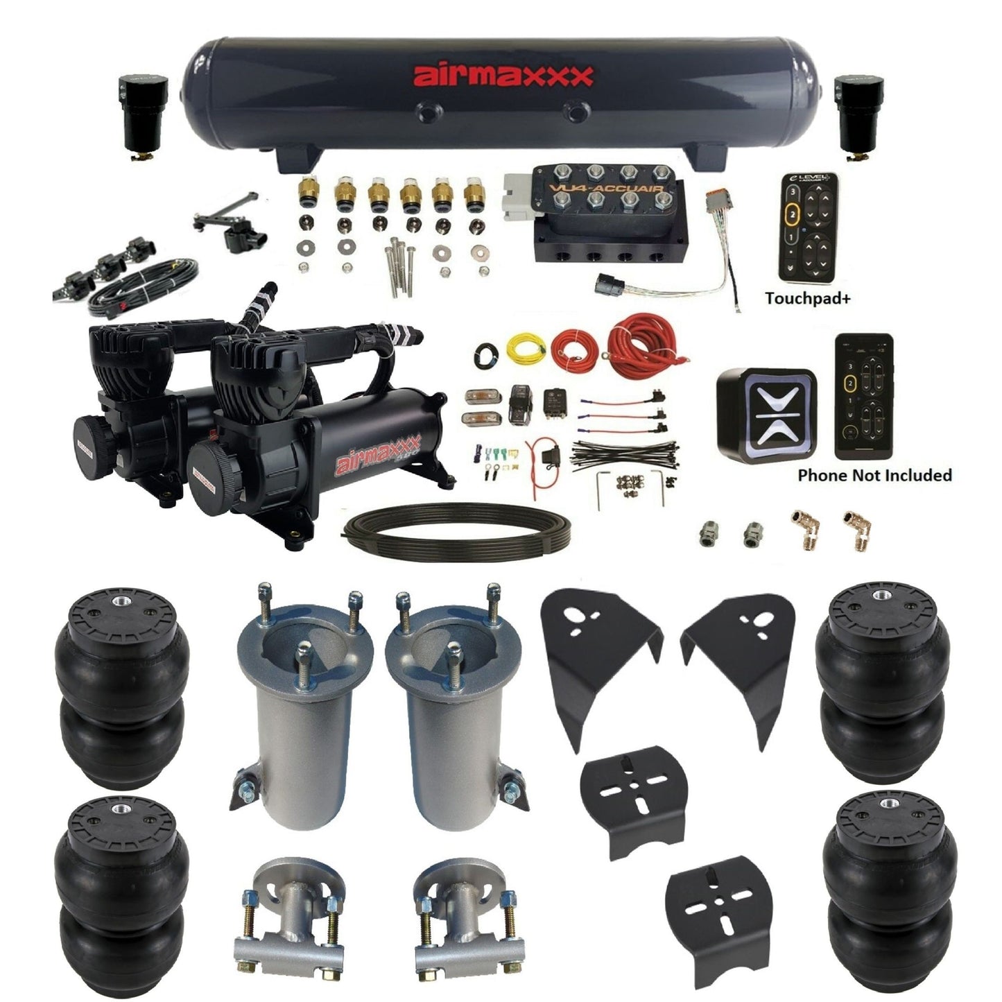 AccuAir e-Level+ VU4 dual 580 black compressors steel tank slam bags air ride kit for 2007–18 Silverado/Sierra KGM07-580B2-57S-VU4EHT-WK-HFSS7