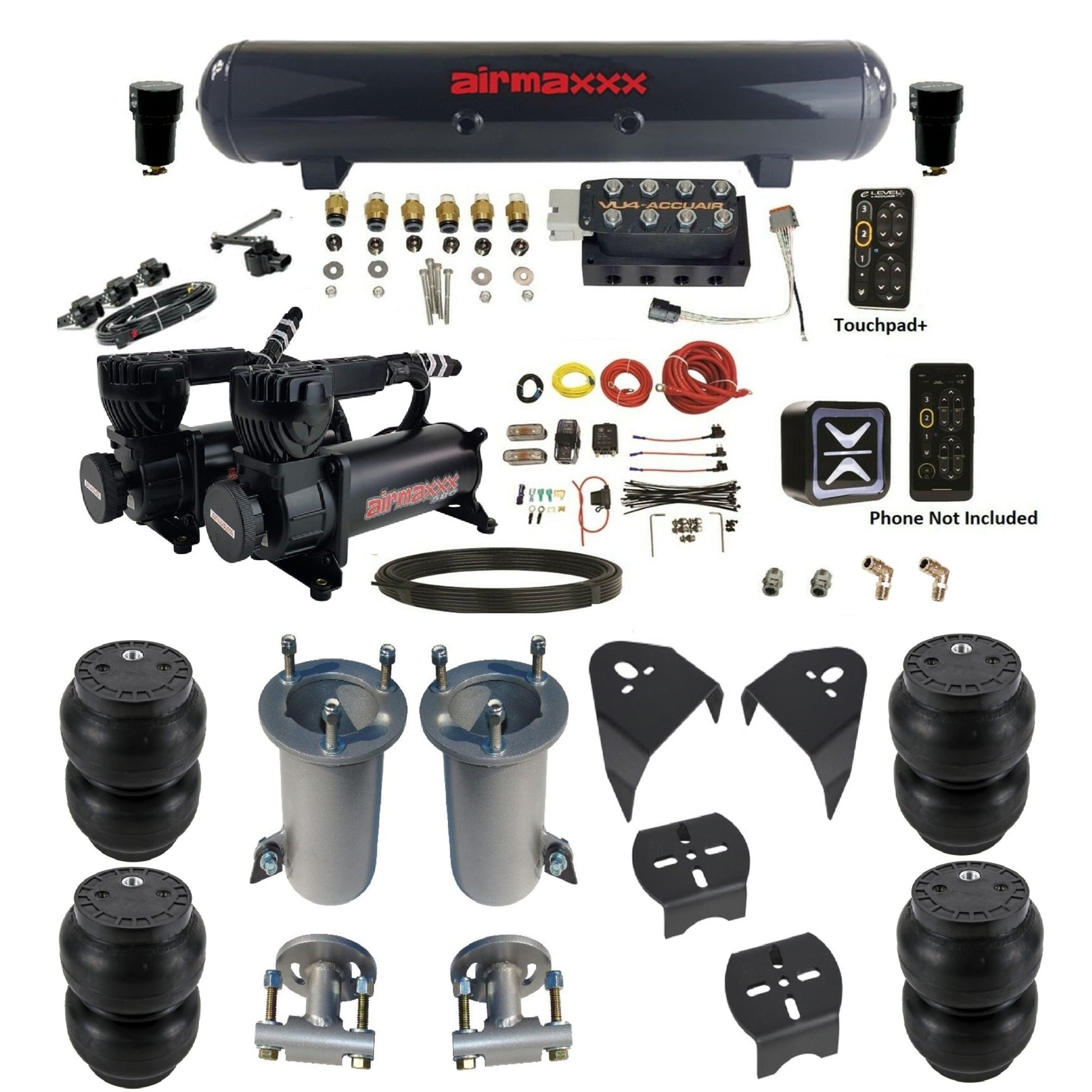 AccuAir e-Level+ VU4 dual 580 black compressors steel tank slam bags air ride kit for 2007–18 Silverado/Sierra KGM07-580B2-57S-VU4EHT-WK-HFSS7