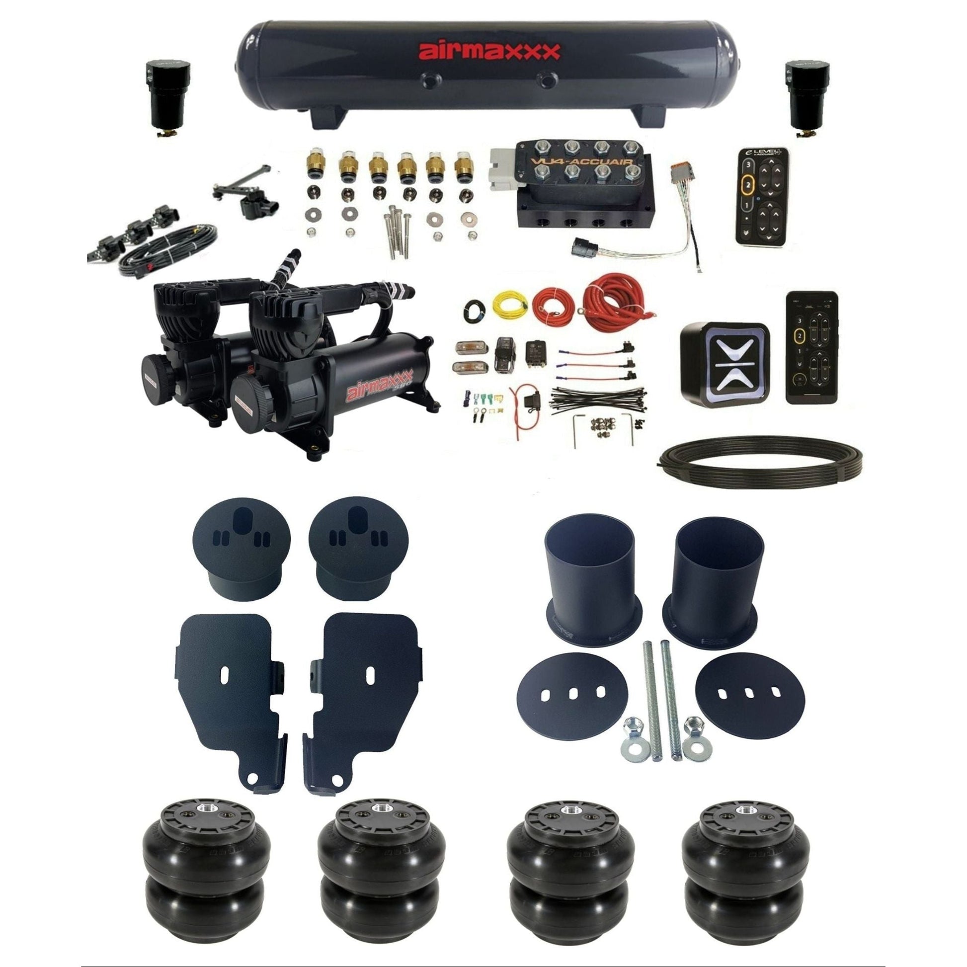 AccuAir e-Level+ VU4 dual 580 black compressors steel tank & slam bags air suspension kit for 1965–70 Impala KIMP65-580B2-57S-VU4EHT-WK-HFSS6