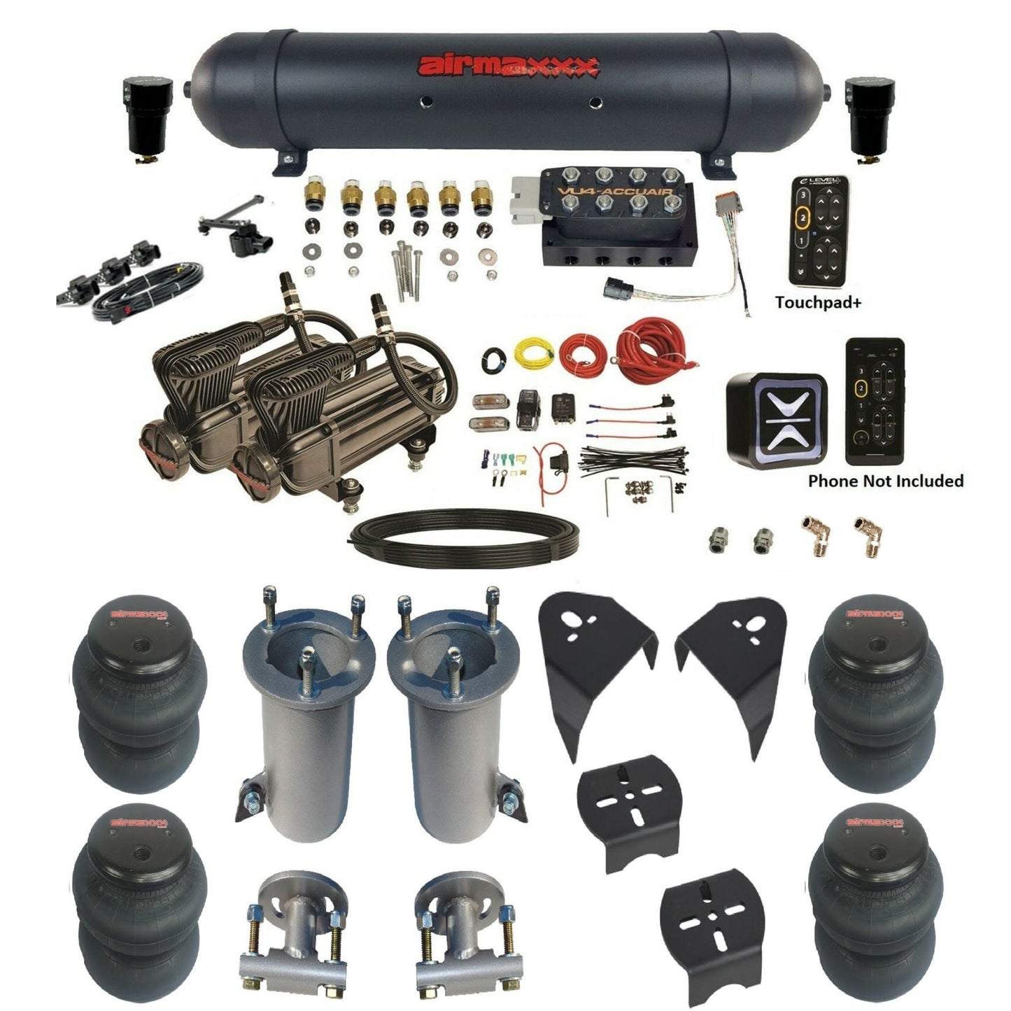 AccuAir e-Level+ VU4 dual x-series compressors aluminum tank 2600 bags air ride kit for 2007–18 Silverado/Sierra KGM07-X2B-57ABK-VU4EHT-WK-HF