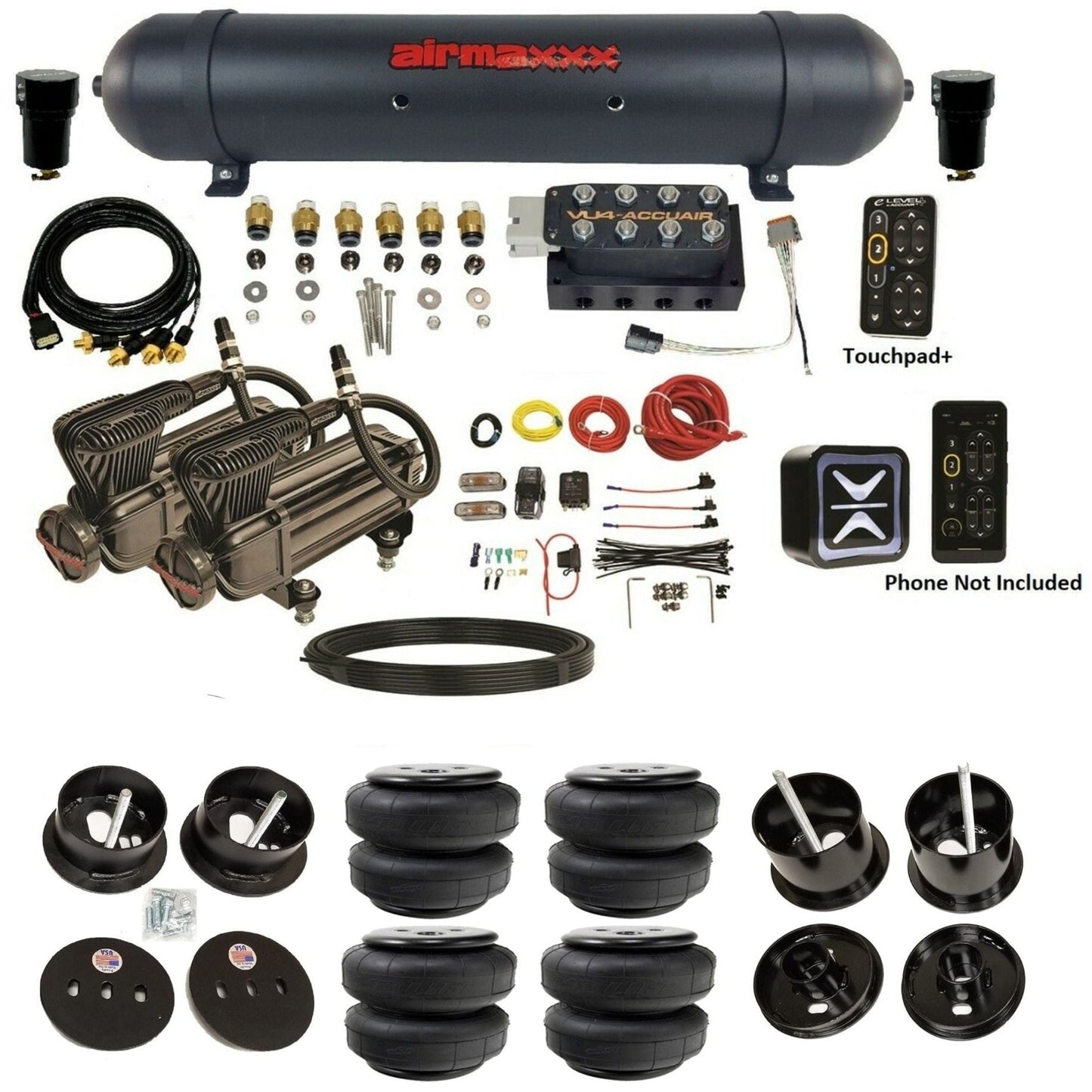 AccuAir e-Level+ VU4 dual x-series compressors aluminum tank airlift bags air ride kit for 1961–1962 Cadillac K-CAD6162-X2B-57ABK-VU4-E_PTD25