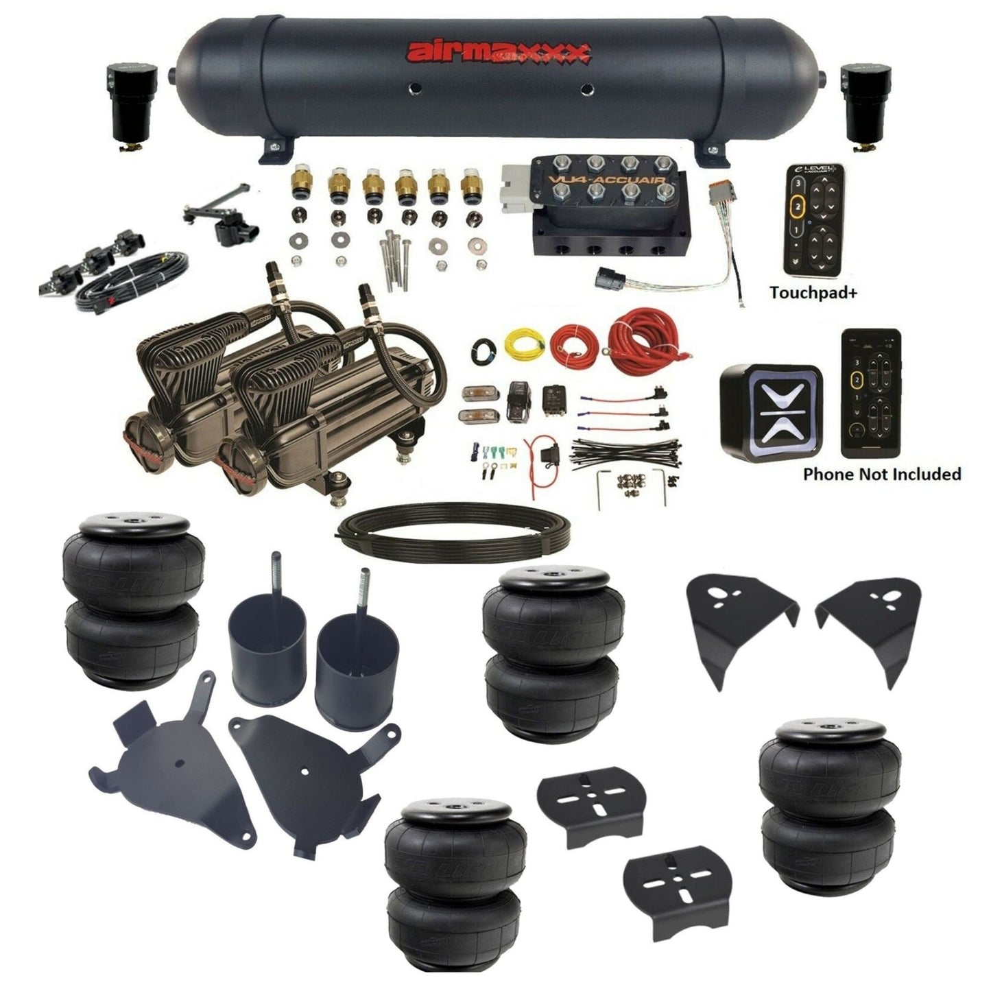 AccuAir e-Level+ VU4 dual x-series compressors aluminum tank airlift bags air ride kit for 1982–2005 S10/S15/Sonoma KS10-X2B-57ABK-VU4EHT-WK-HFD25