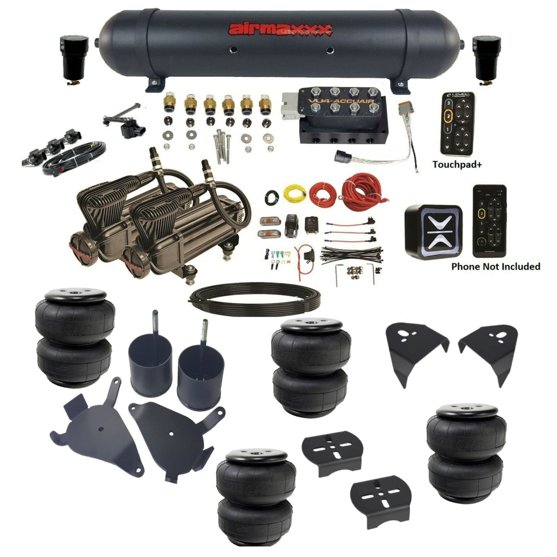 AccuAir e-Level+ VU4 dual x-series compressors aluminum tank airlift bags air ride kit for 1982–2005 S10/S15/Sonoma KS10-X2B-57ABK-VU4EHT-WK-HFD25