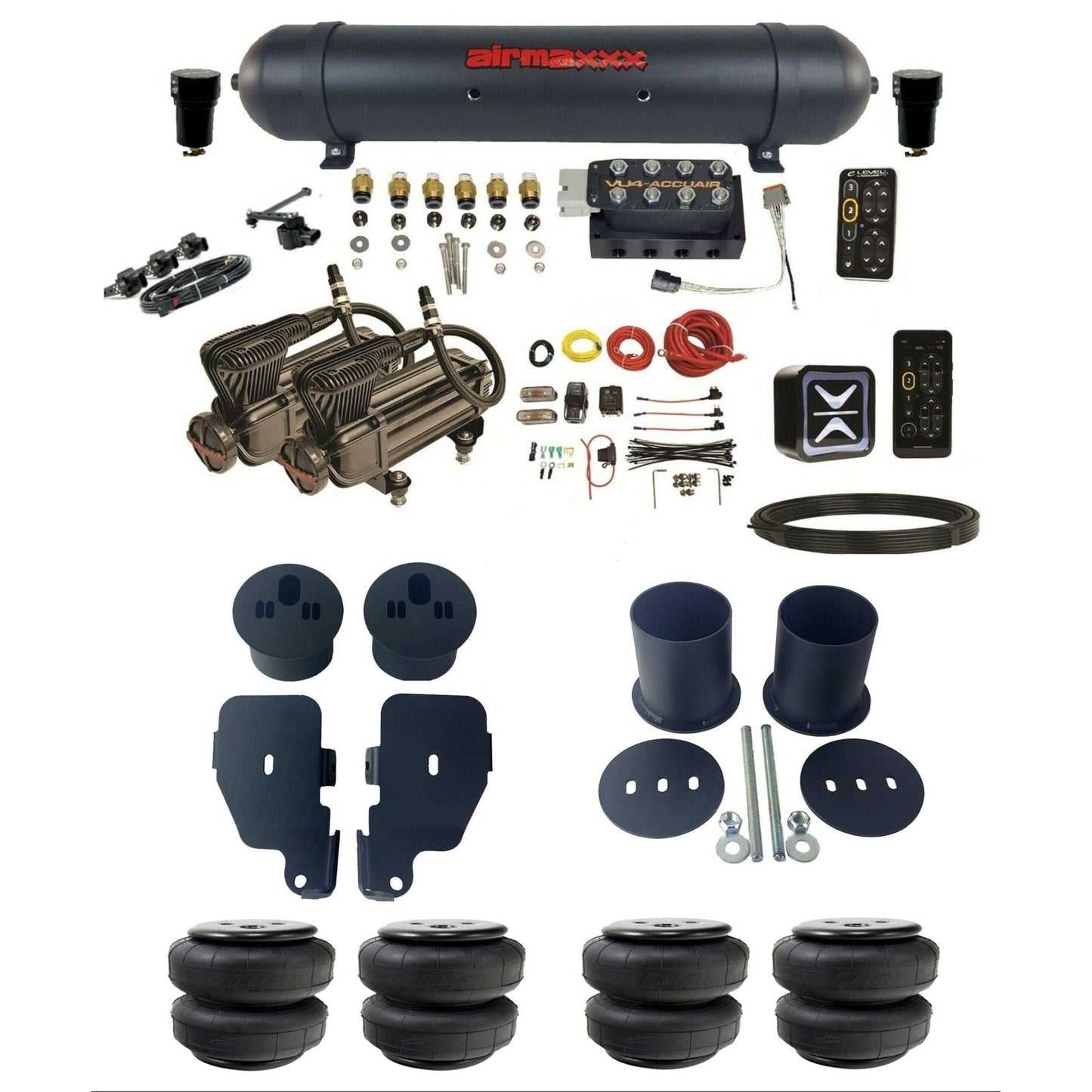 AccuAir e-Level+ VU4 dual x-series compressors aluminum tank & airlift bags air suspension kit for 1965–70 Impala KIMP65-X2B-57ABK-VU4EHT-WK-HFD25