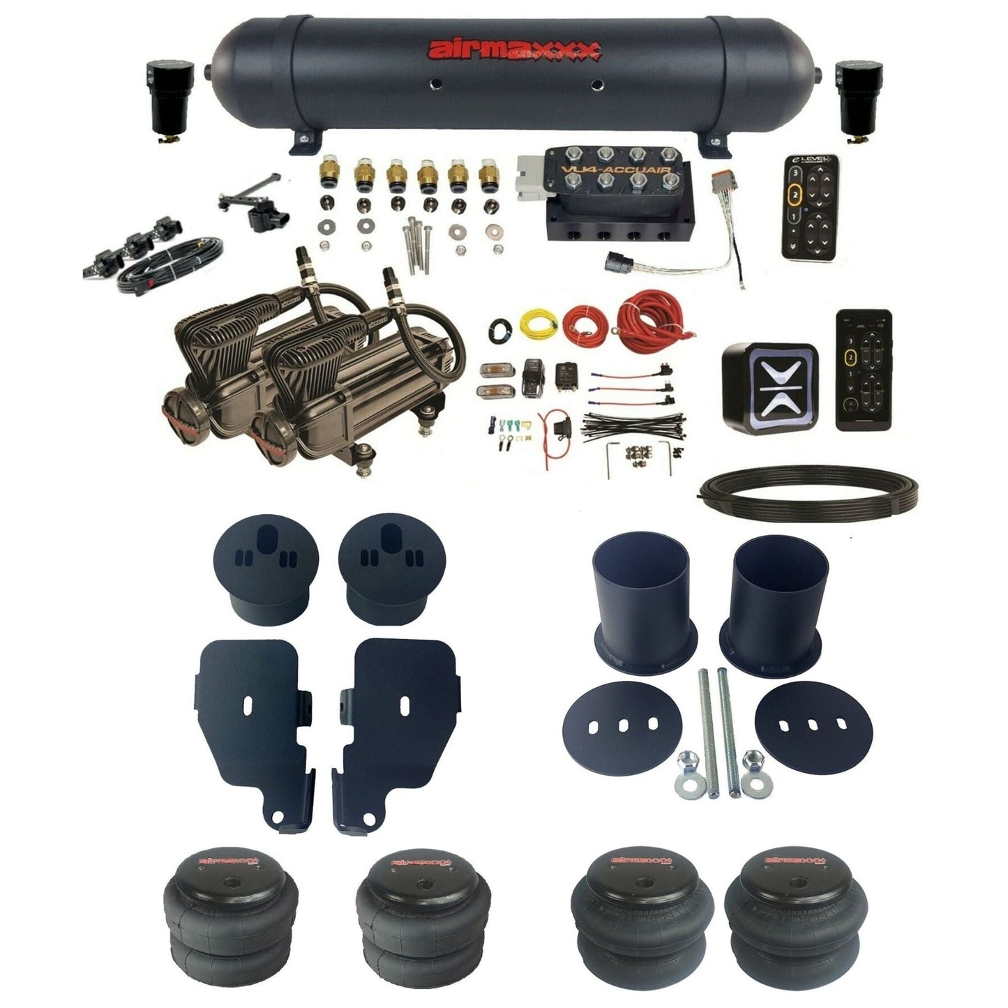 AccuAir e-Level+ VU4 dual x-series compressors aluminum tank & bags air suspension kit for 1965–70 Impala KIMP65-X2B-57ABK-VU4EHT-WK-HF