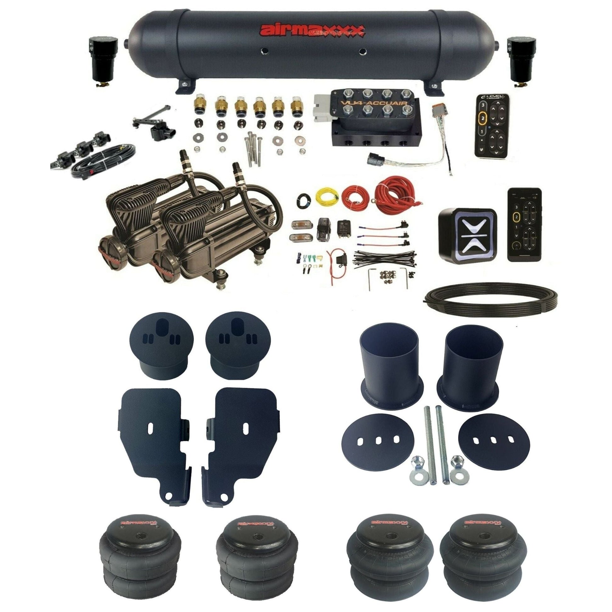 AccuAir e-Level+ VU4 dual x-series compressors aluminum tank & bags air suspension kit for 1965–70 Impala KIMP65-X2B-57ABK-VU4EHT-WK-HF