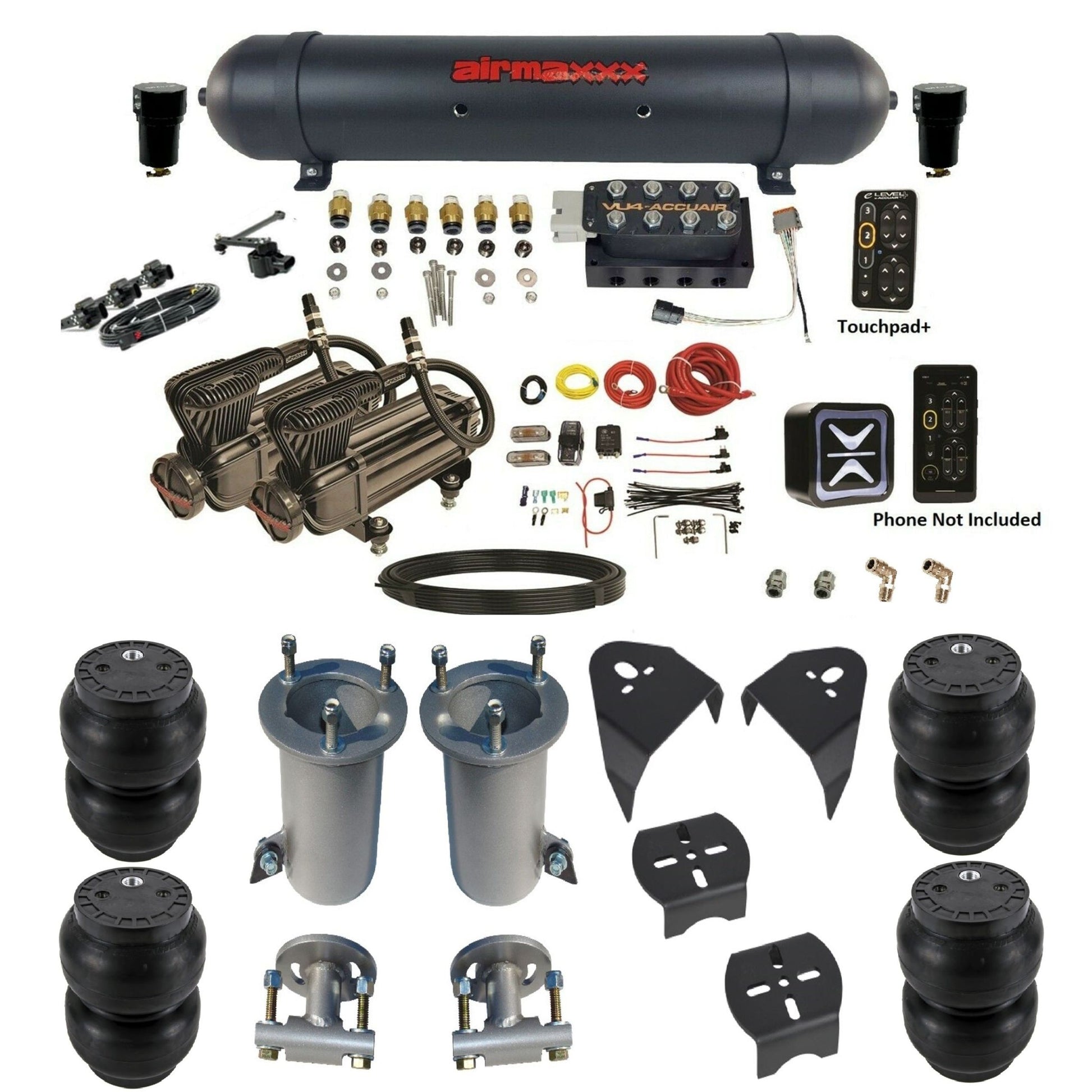 AccuAir e-Level+ VU4 dual x-series compressors aluminum tank slam bags air ride kit for 2007–18 Silverado/Sierra KGM07-X2B-57ABK-VU4EHT-WK-HFSS7