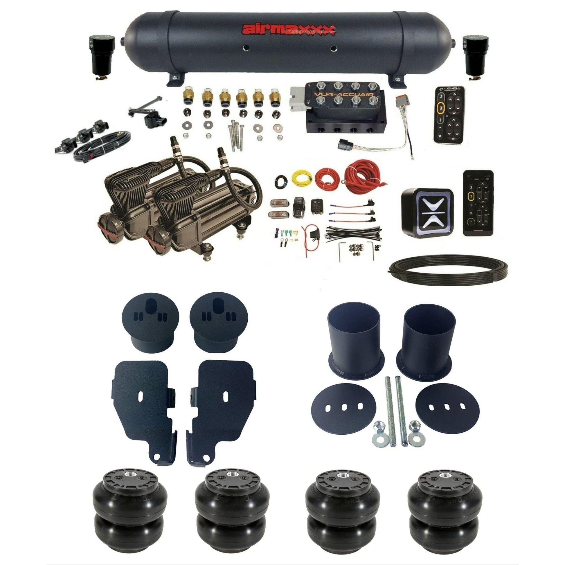 AccuAir e-Level+ VU4 dual x-series compressors aluminum tank & slam bags air suspension kit for 1965–70 Impala KIMP65-X2B-57ABK-VU4EHT-WK-HFSS6