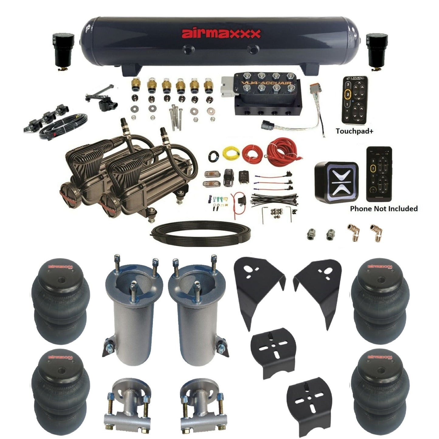 AccuAir e-Level+ VU4 dual x-series compressors steel tank 2600 bags air ride kit for 2007–18 Silverado/Sierra KGM07-X2B-57S-VU4EHT-WK-HF