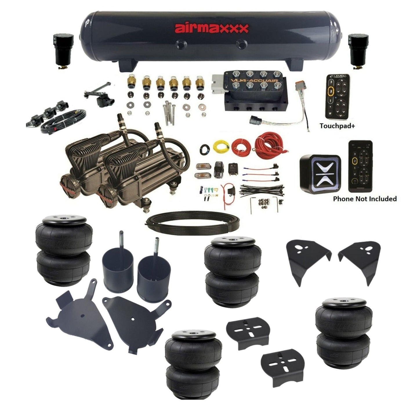 AccuAir e-Level+ VU4 dual x-series compressors steel tank airlift bags air ride kit for 1982–2005 S10/S15/Sonoma KS10-X2B-57S-VU4EHT-WK-HFD25