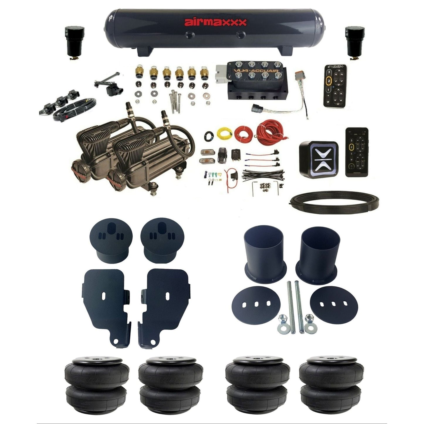 AccuAir e-Level+ VU4 dual x-series compressors steel tank & airlift bags air suspension kit for 1965–70 Impala KIMP65-X2B-57S-VU4EHT-WK-HFD25