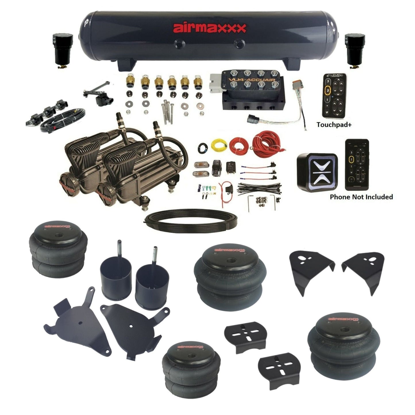 AccuAir e-Level+ VU4 dual x-series compressors steel tank bags air ride kit for 1982–2005 S10/S15/Sonoma KS10-X2B-57S-VU4EHT-WK-HF