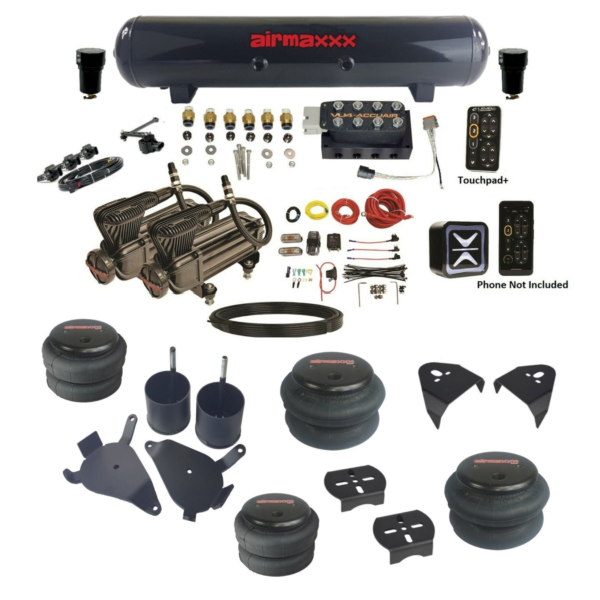 AccuAir e-Level+ VU4 dual x-series compressors steel tank bags air ride kit for 1982–2005 S10/S15/Sonoma KS10-X2B-57S-VU4EHT-WK-HF