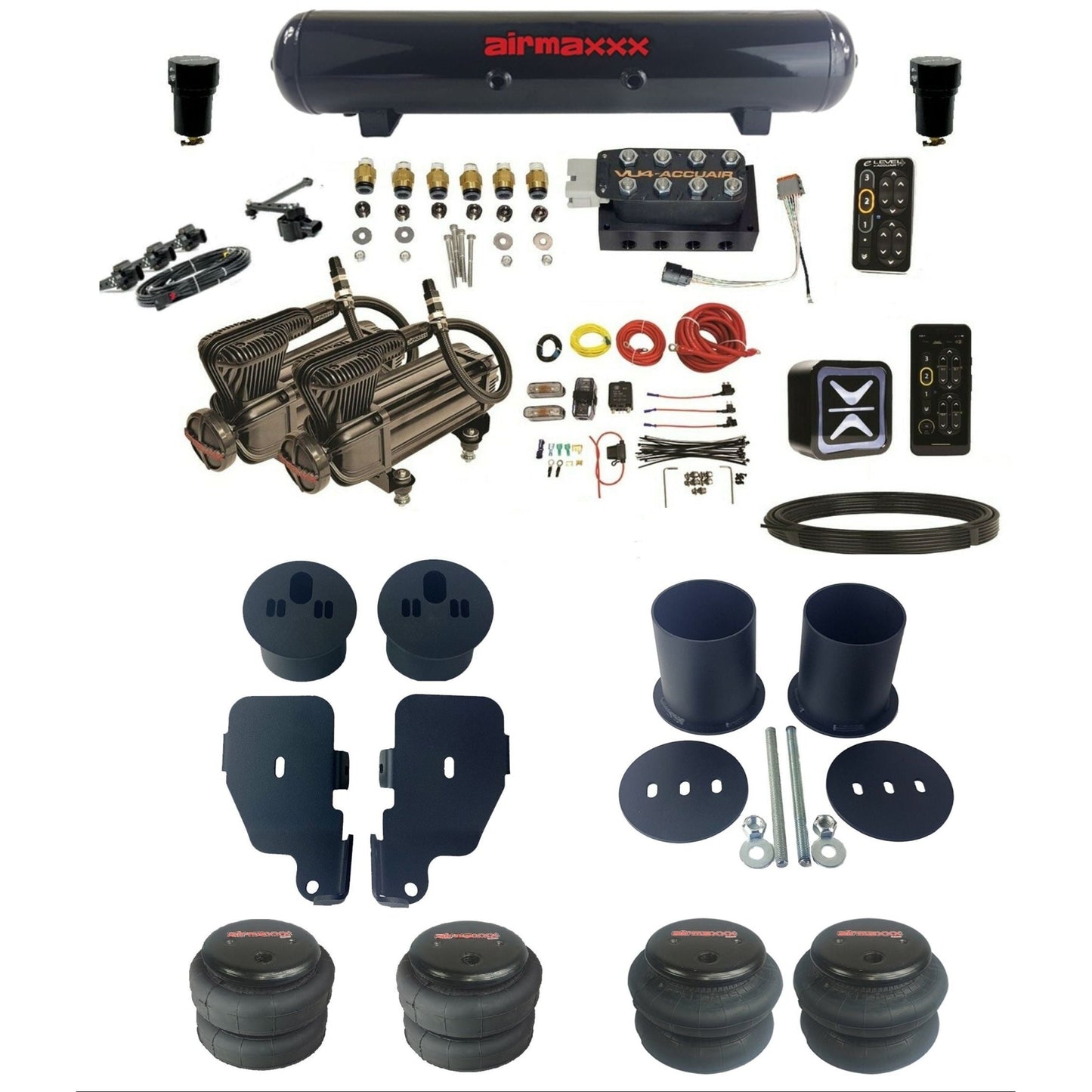 AccuAir e-Level+ VU4 dual x-series compressors steel tank & bags air suspension kit for 1965–70 Impala KIMP65-X2B-57S-VU4EHT-WK-HF