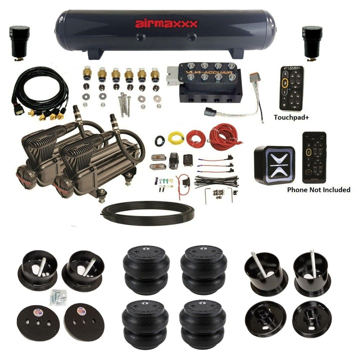 AccuAir e-Level+ VU4 dual x-series compressors steel tank slam bags air ride kit for 1961–1962 Cadillac K-CAD6162-X2B-57S-VU4-E_PTSS7