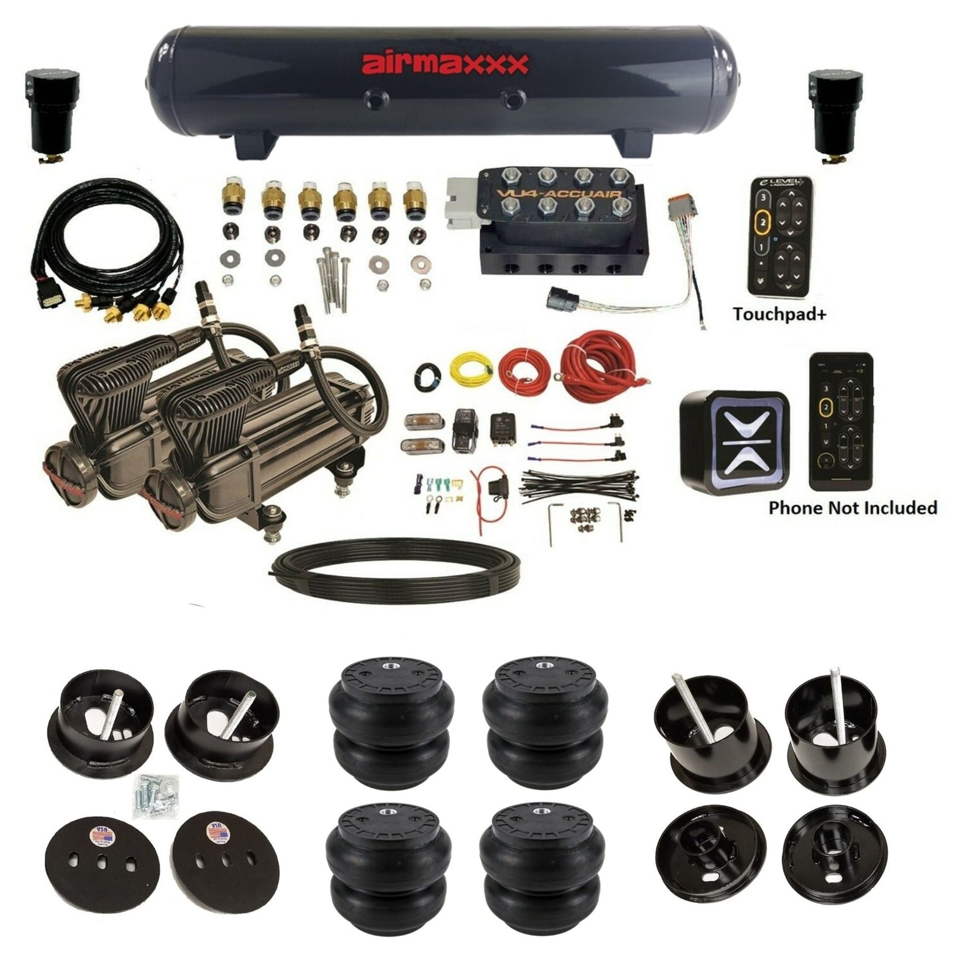 AccuAir e-Level+ VU4 dual x-series compressors steel tank slam bags air ride kit for 1961–1962 Cadillac K-CAD6162-X2B-57S-VU4-E_PTSS7